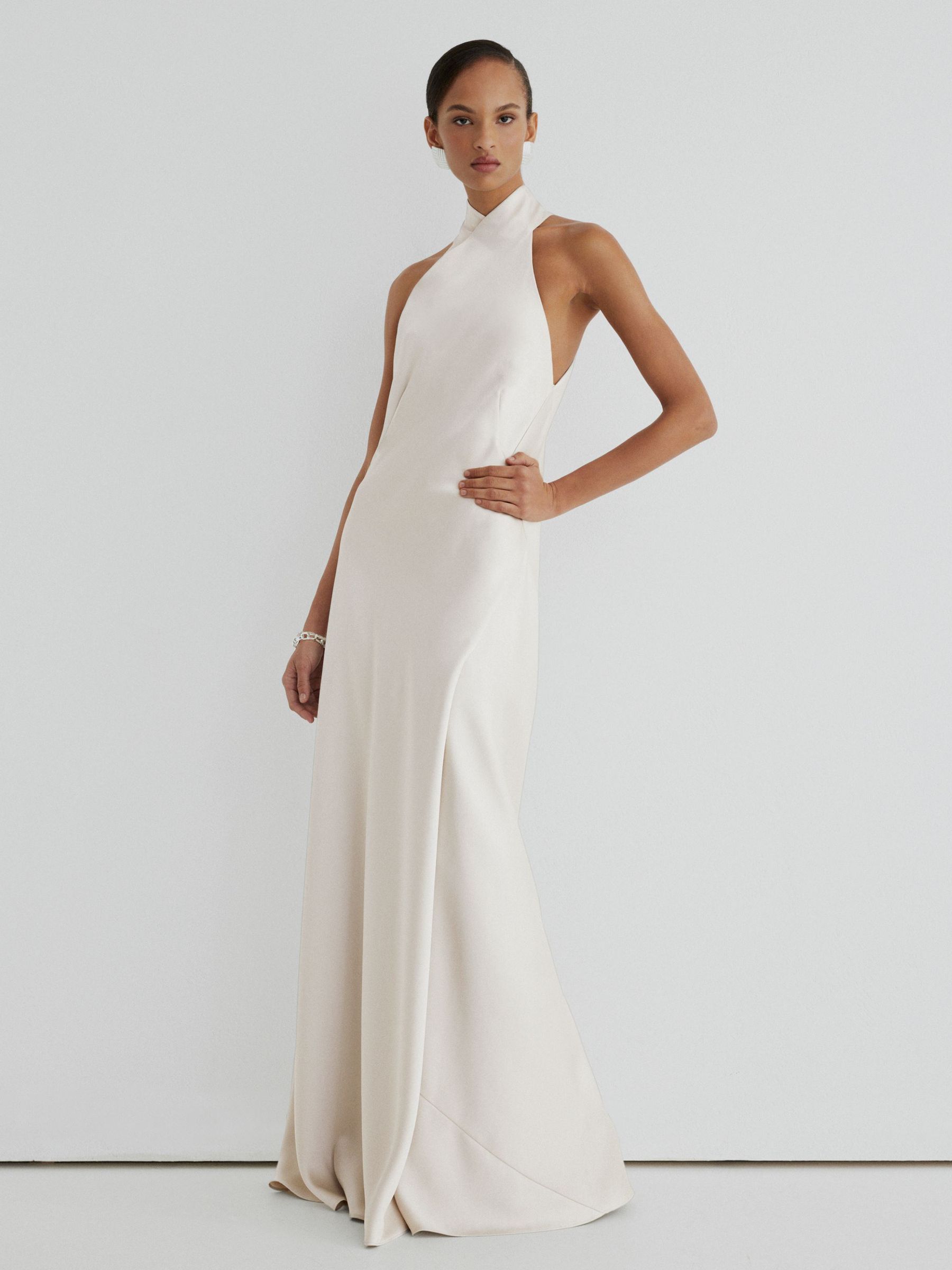 Atelier Satin High-Neck Open-Back Maxi Dress in Grey - Image 4 of 8
