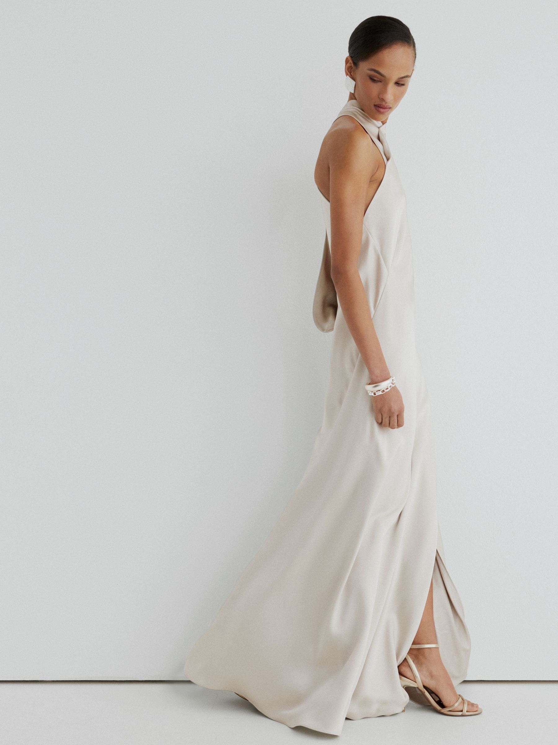 Atelier Satin High-Neck Open-Back Maxi Dress in Grey - Image 5 of 8