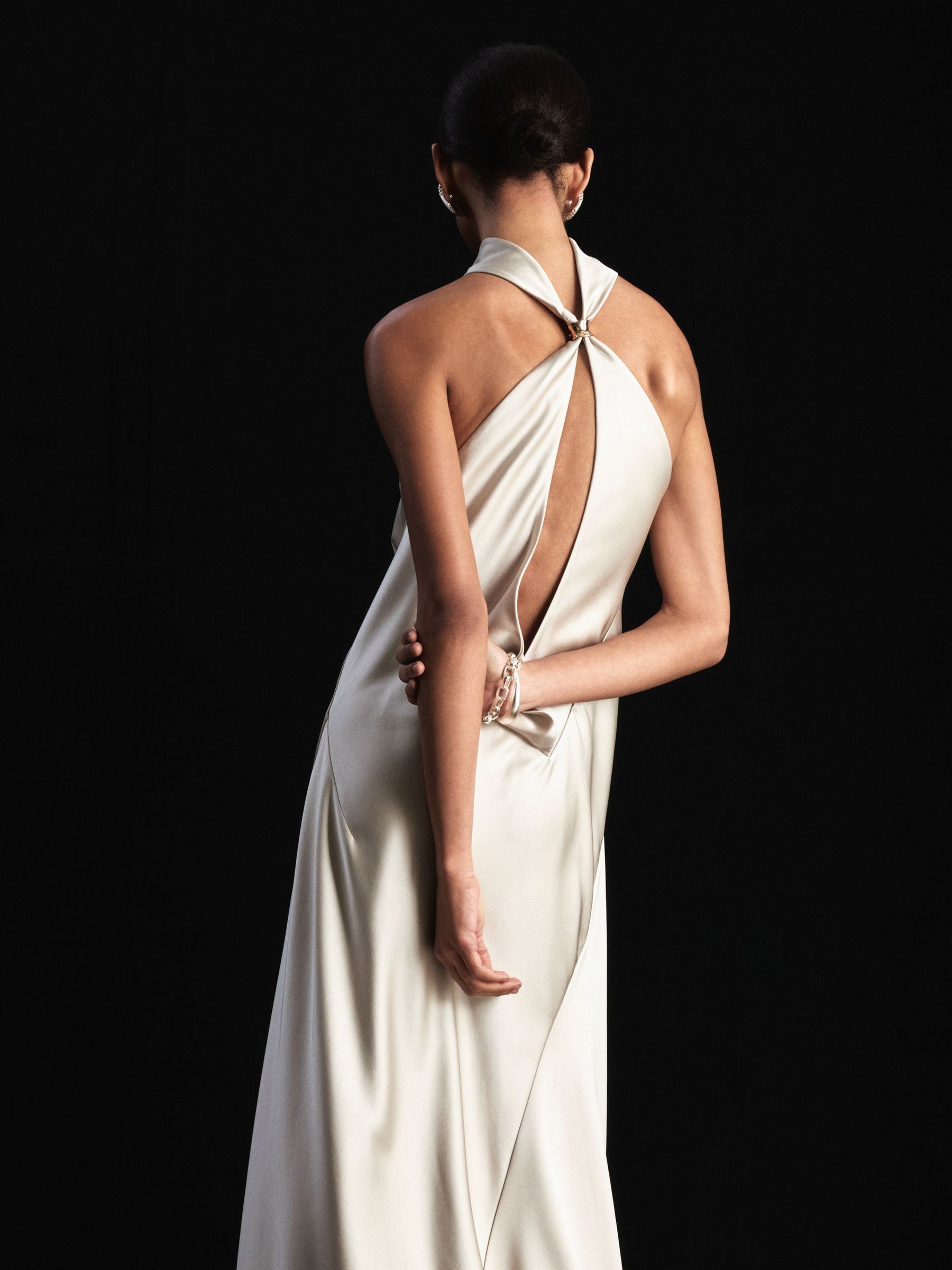 Atelier Satin High-Neck Open-Back Maxi Dress in Grey - Image 6 of 8