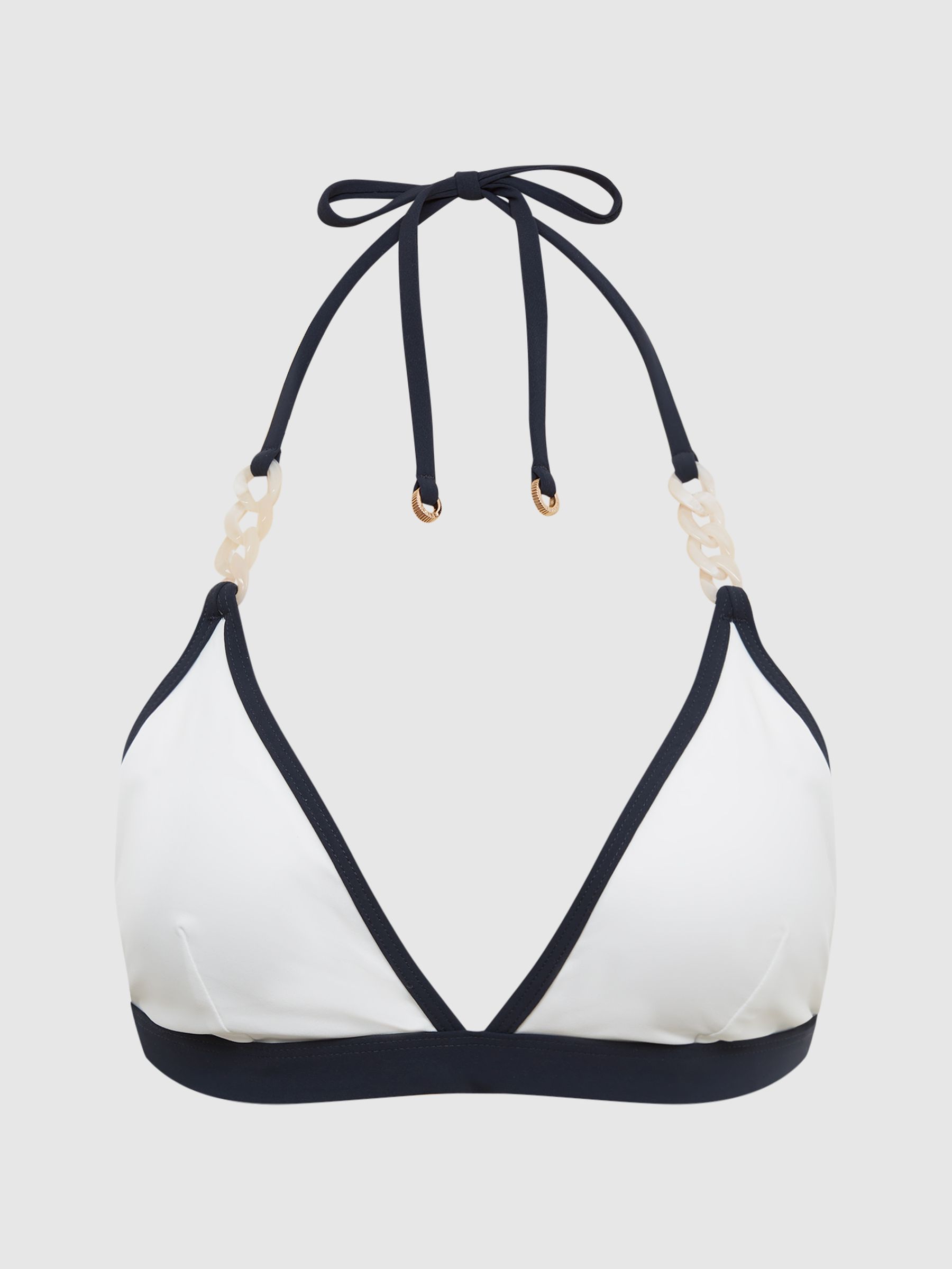 Fixed Triangle Halter Bikini Top in White/Navy - Image 2 of 8 Fixed Triangle Halter Bikini Top in White/Navy - Image 2 of 8