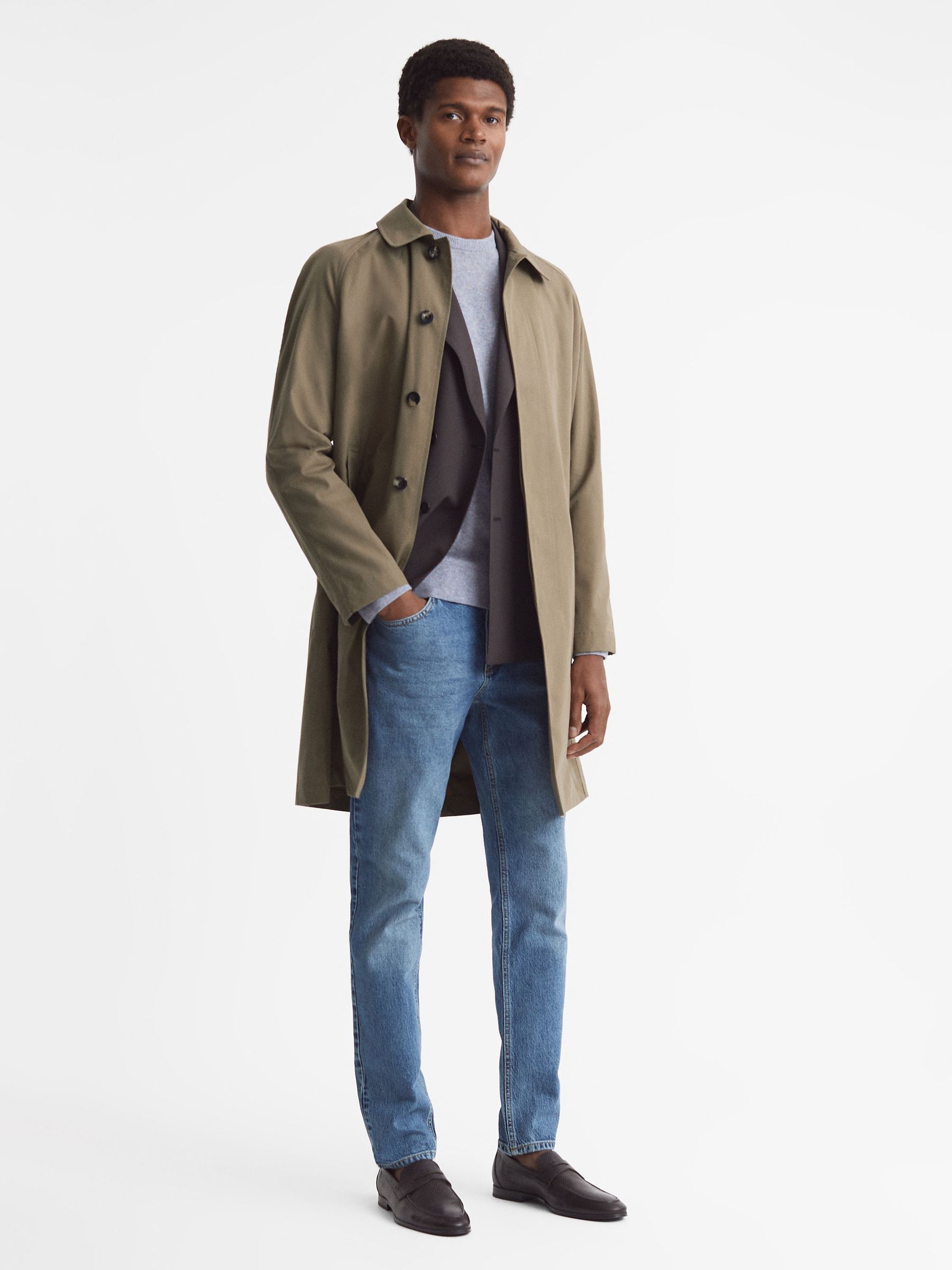 Private White Mid-Length Trench Coat in Sage - Image 3 of 12