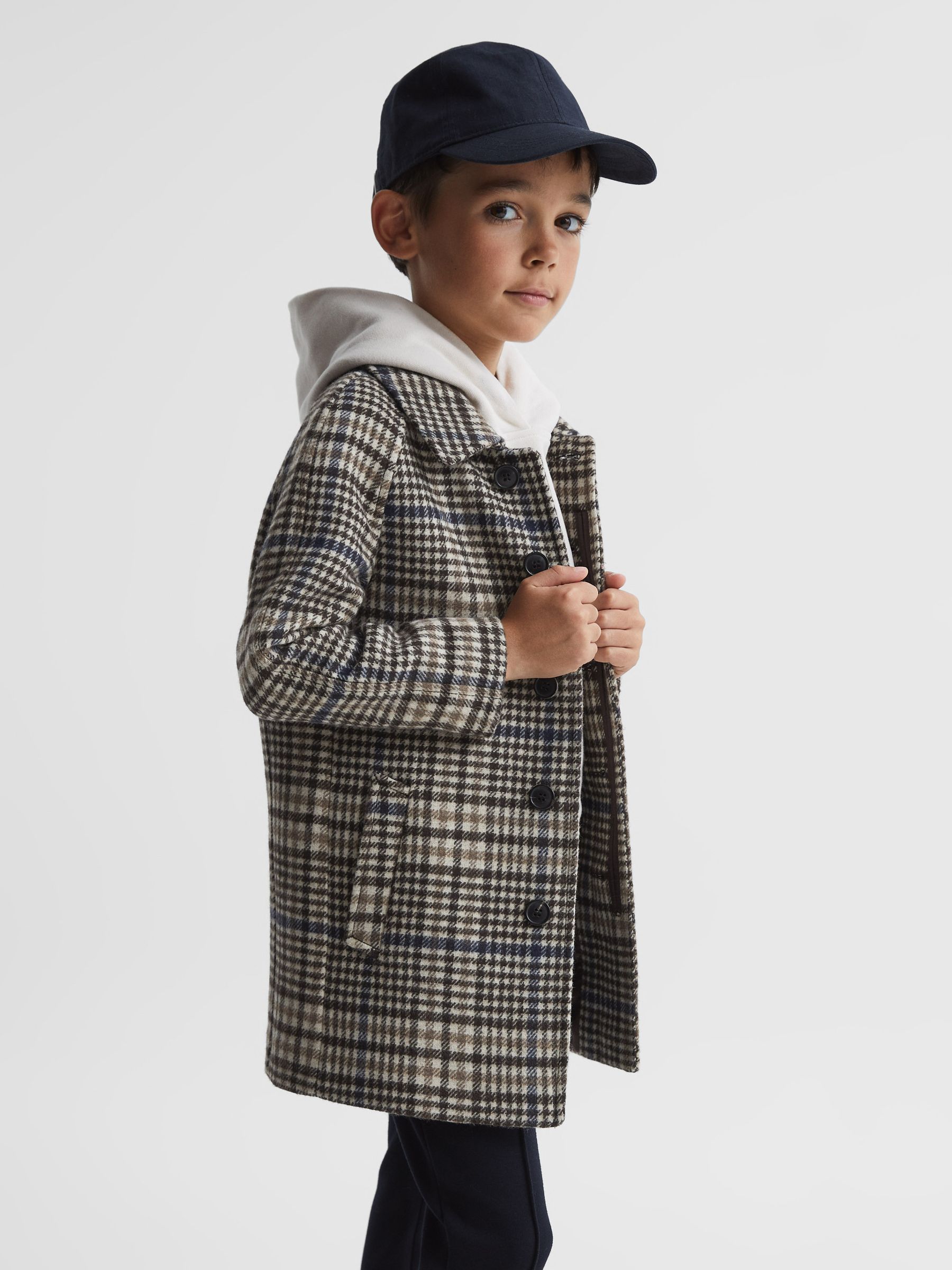 Junior Single Breasted Raglan Overcoat in Brown Check - Image 1 of 8