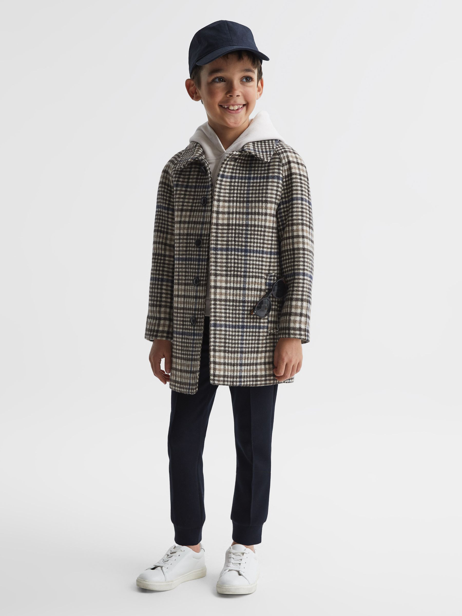 Junior Single Breasted Raglan Overcoat in Brown Check - Image 3 of 8