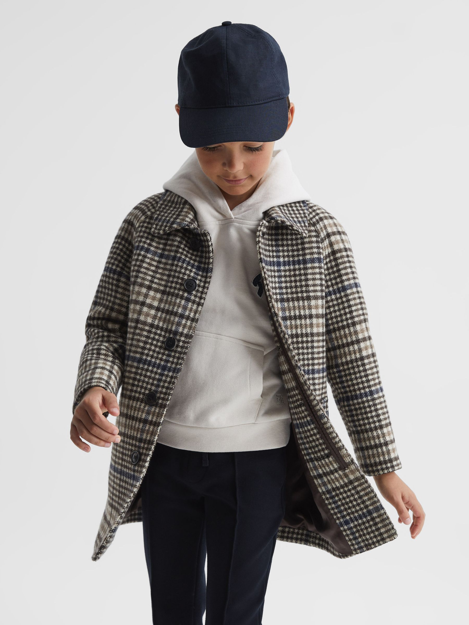 Junior Single Breasted Raglan Overcoat in Brown Check - Image 6 of 8