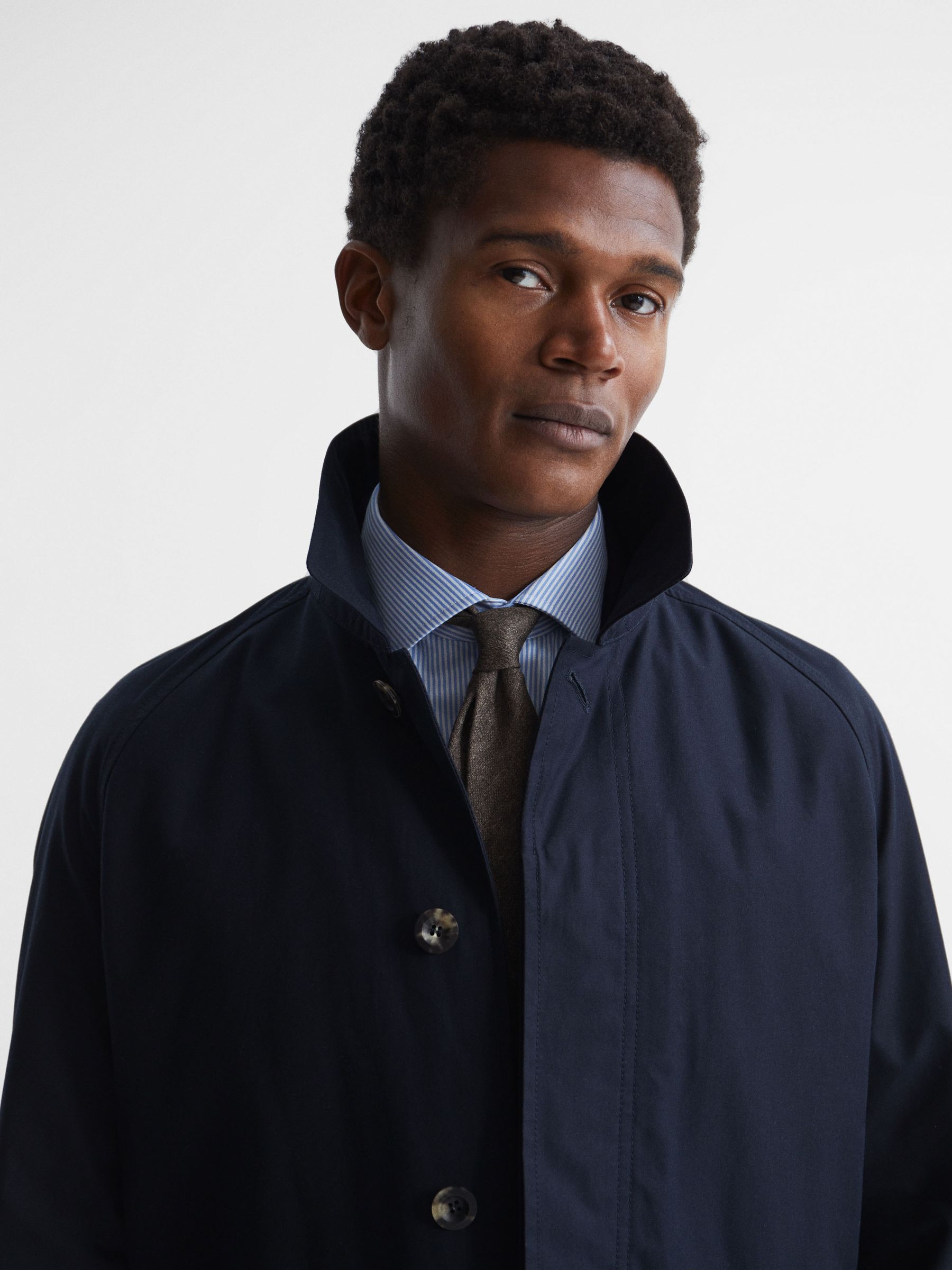 Private White Mid-Length Trench Coat in Navy - Image 7 of 11