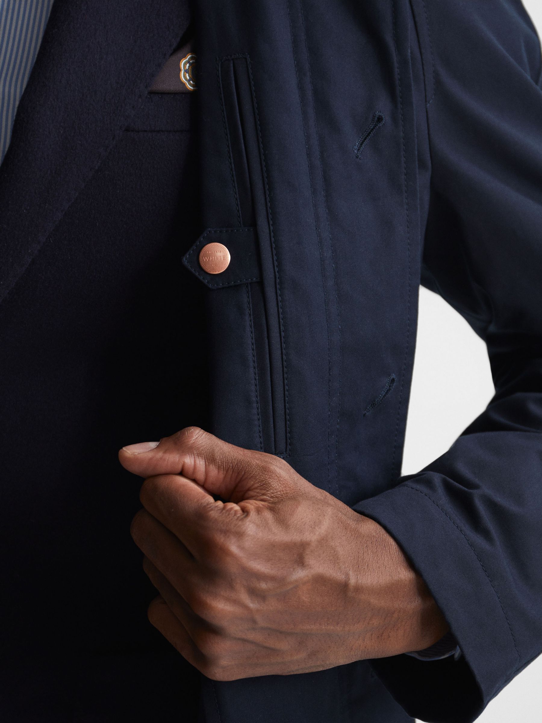 Private White Mid-Length Trench Coat in Navy - Image 8 of 11