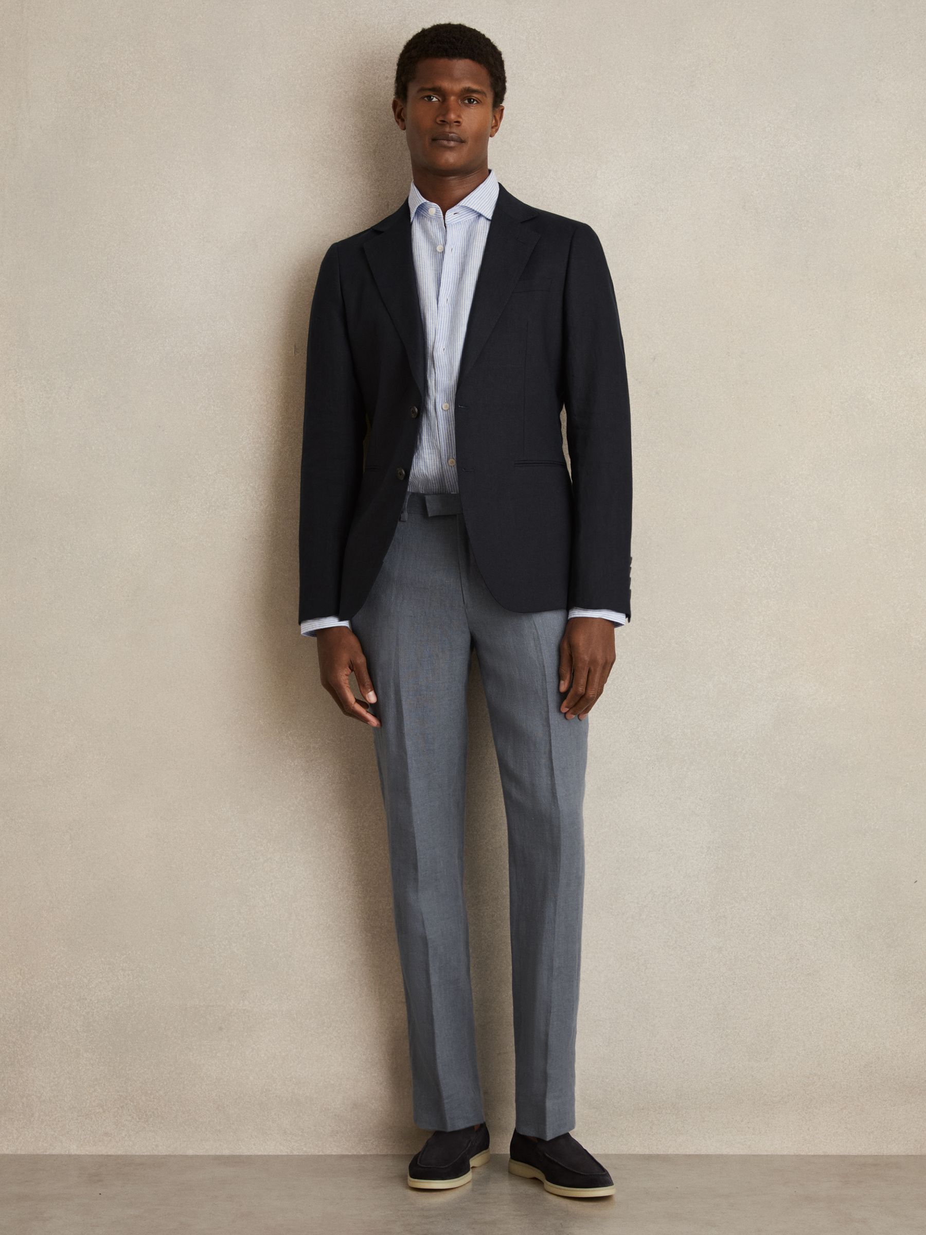 Linen Slim-Fit Suit Trousers in Airforce Blue - Image 1 of 6 Linen Slim-Fit Suit Trousers in Airforce Blue - Image 1 of 6