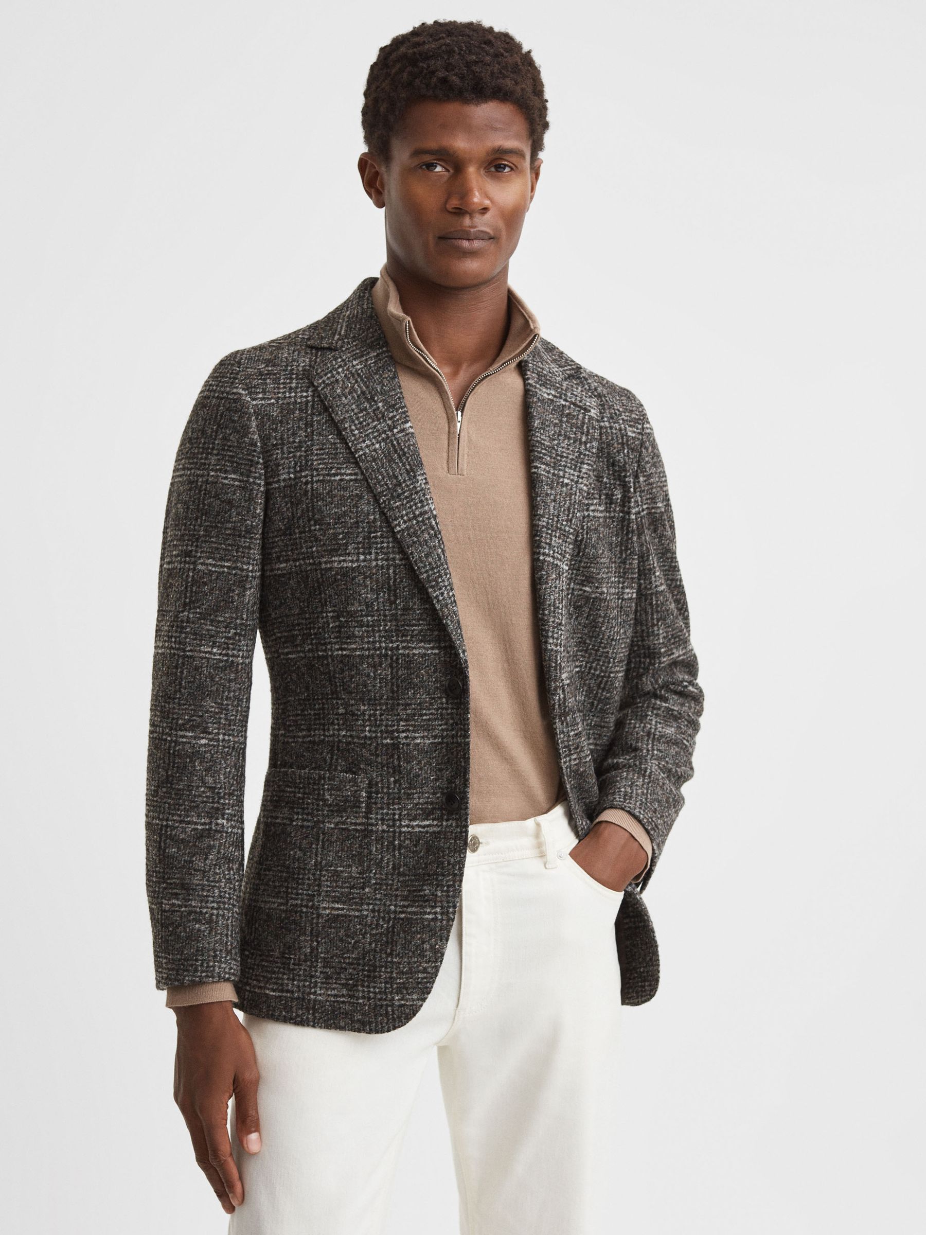 Slim Fit Wool Blend Checked Single Breasted Blazer in Charcoal - Image 5 of 7