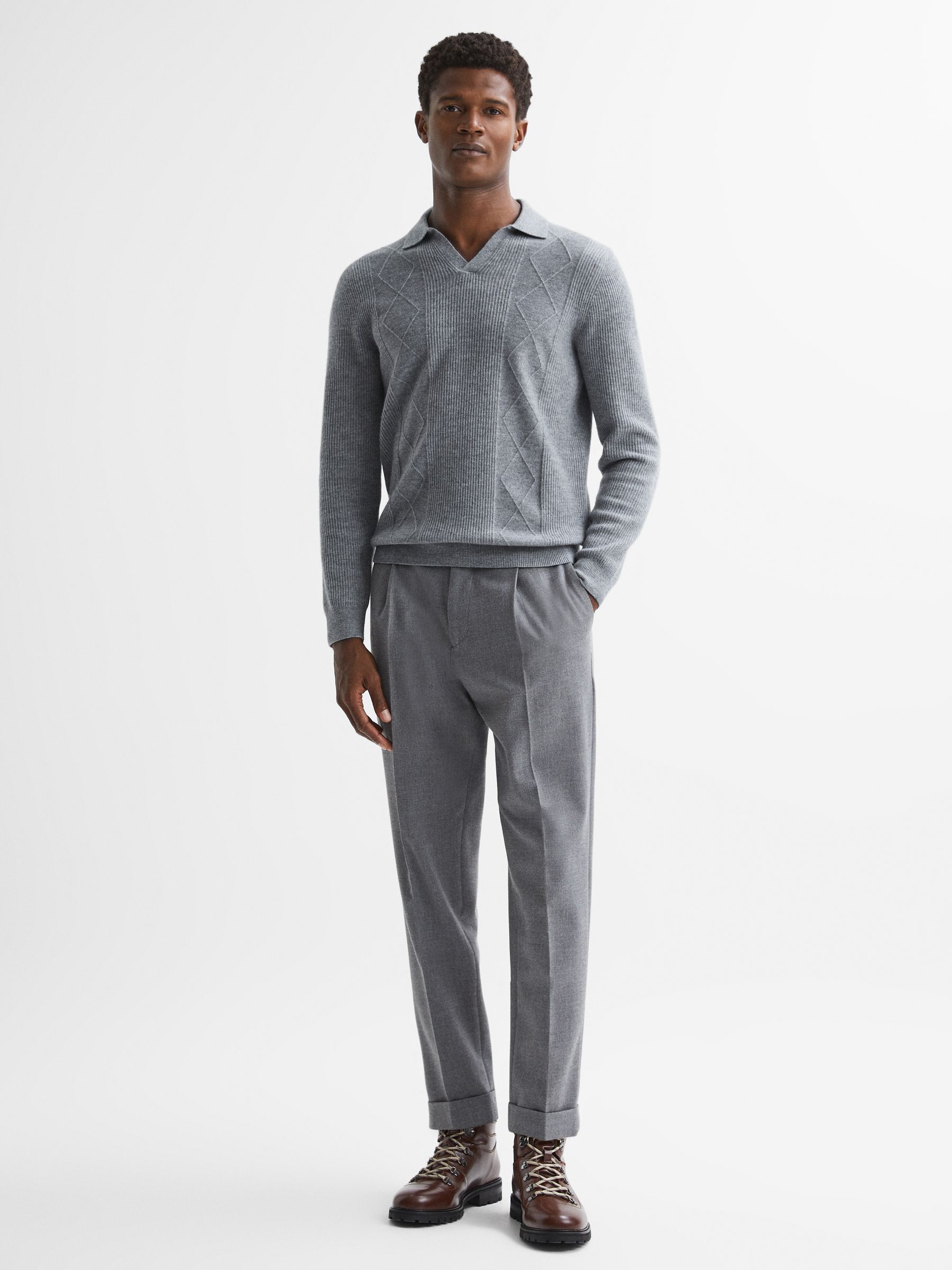 Wool Open Collar Top in Soft Grey Melange - Image 3 of 5