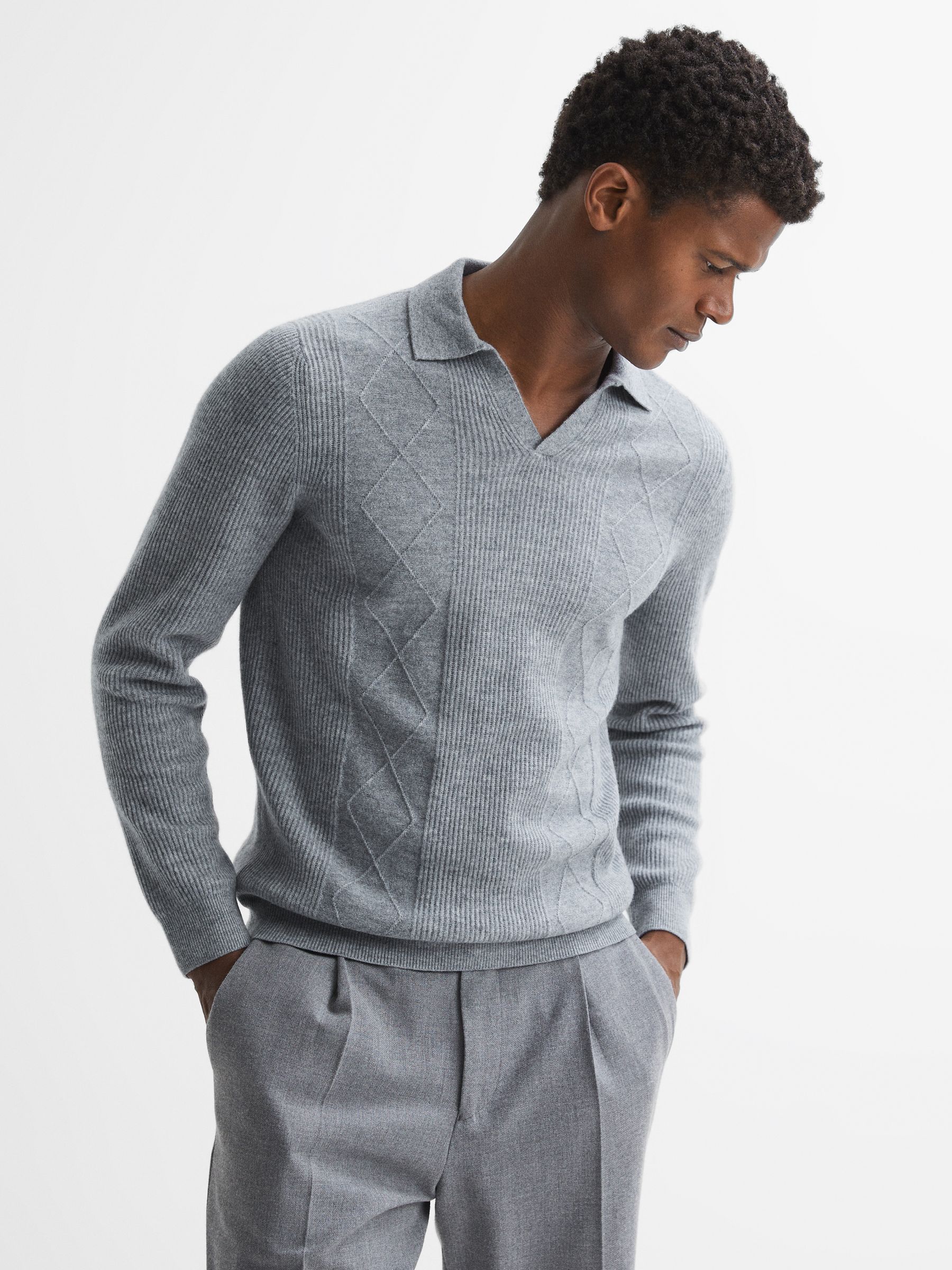 Wool Open Collar Top in Soft Grey Melange - Image 4 of 5