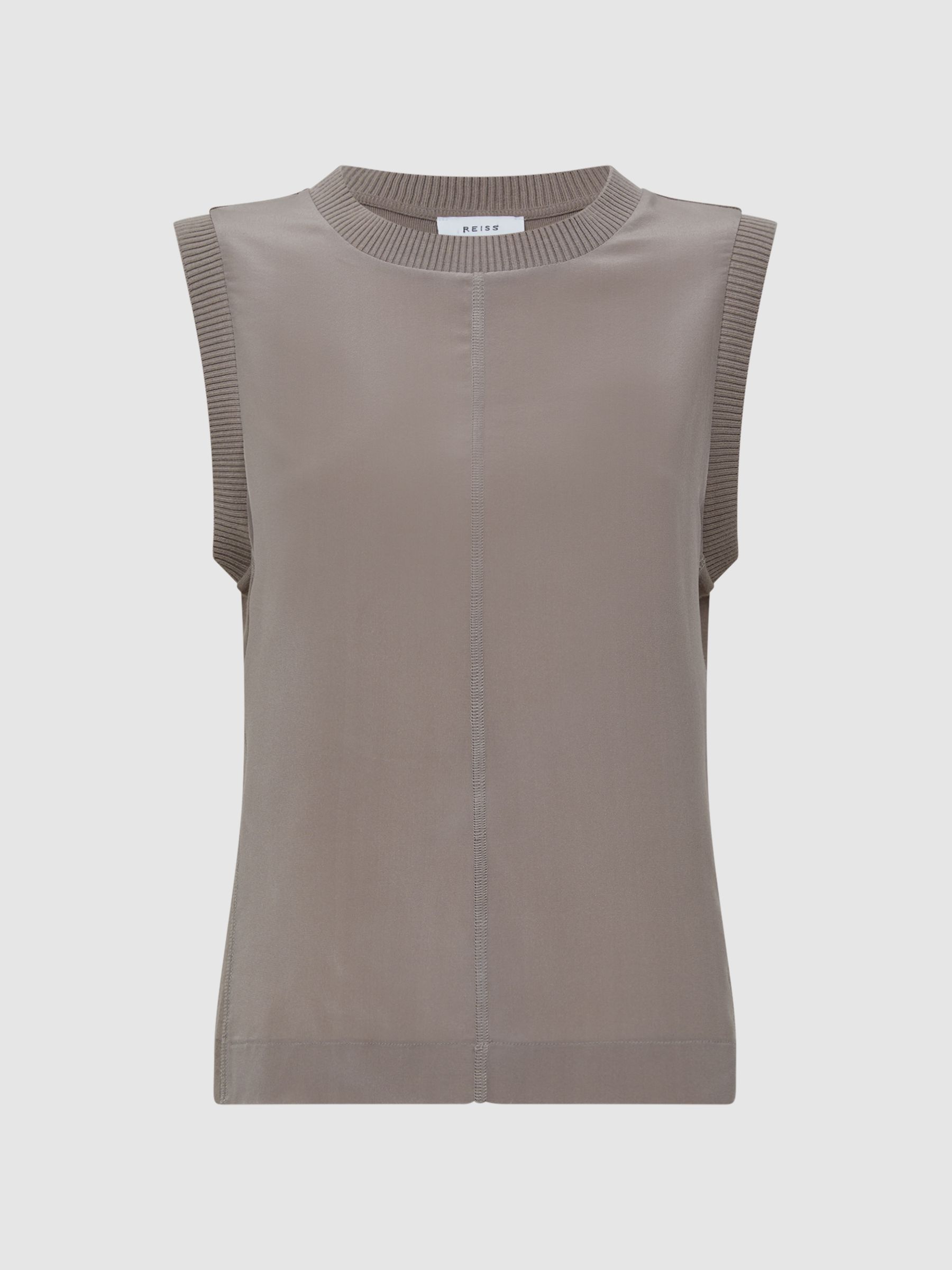 Silk Front Crew Neck Vest in Taupe - Image 2 of 5 Silk Front Crew Neck Vest in Taupe - Image 2 of 5