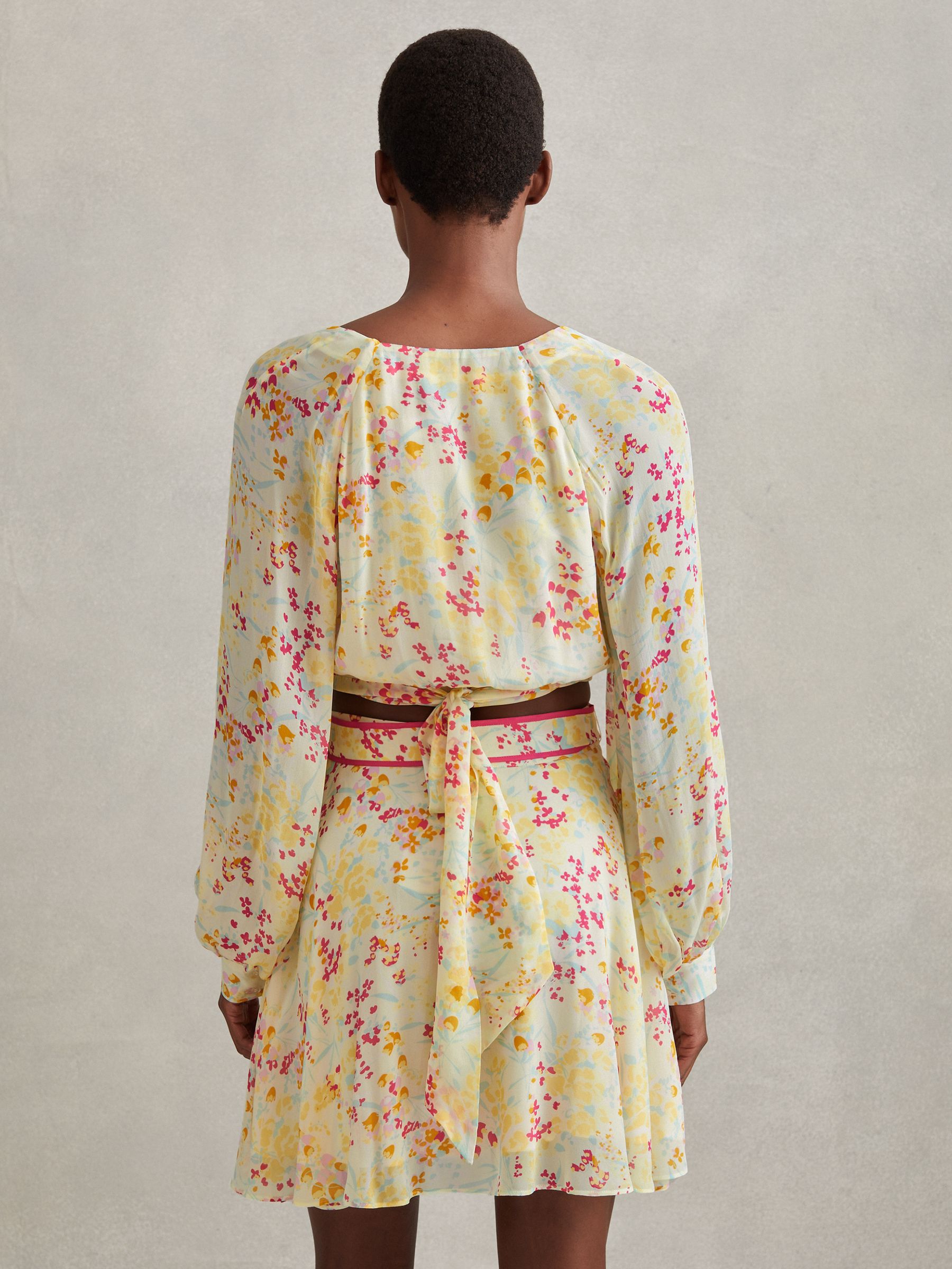 Floral Print Tie Waist Cropped Blouse in Pink/Yellow - Image 4 of 6
