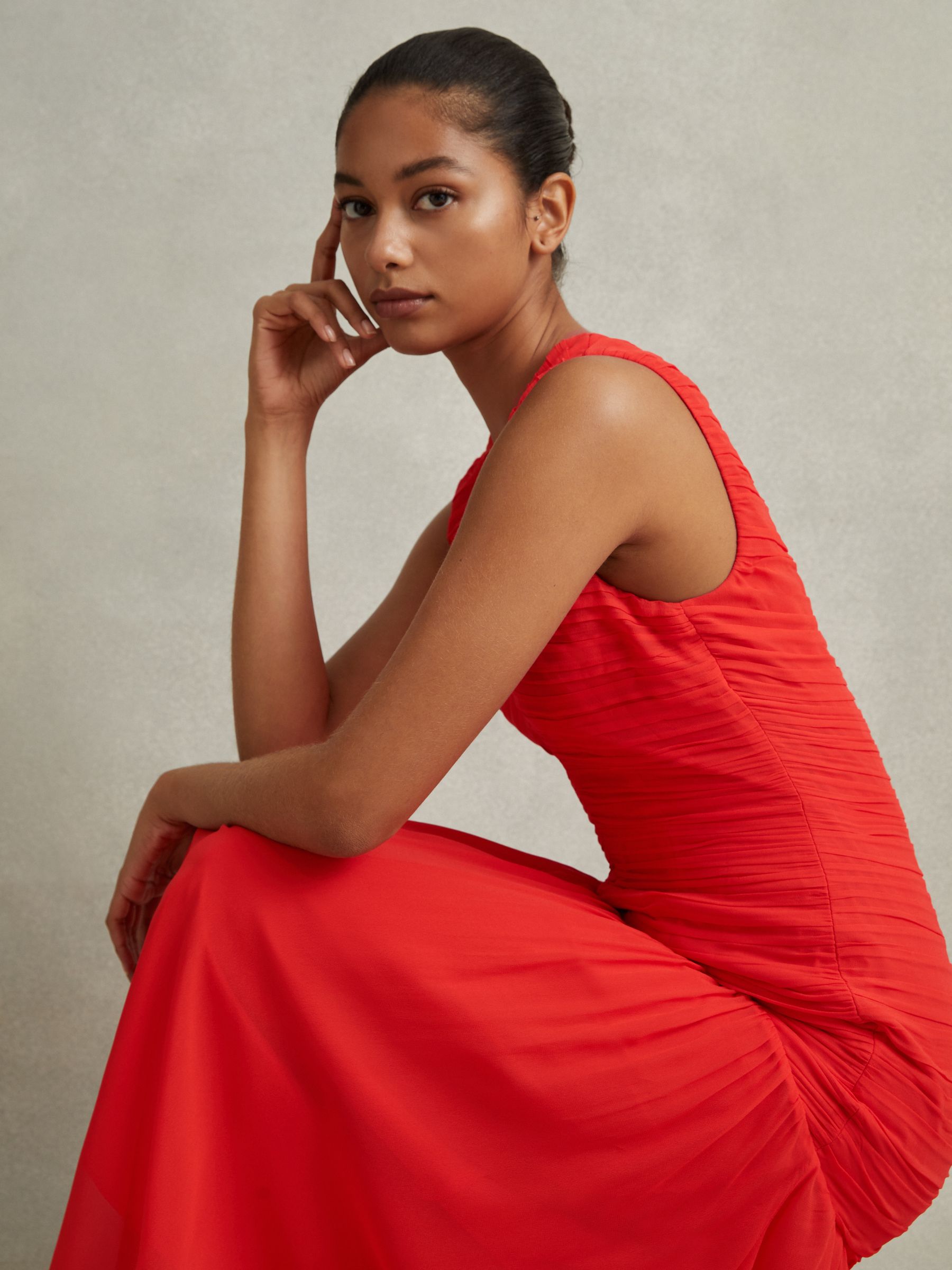 Petite Ruched Bodycon Midi Dress in Coral - Image 1 of 7