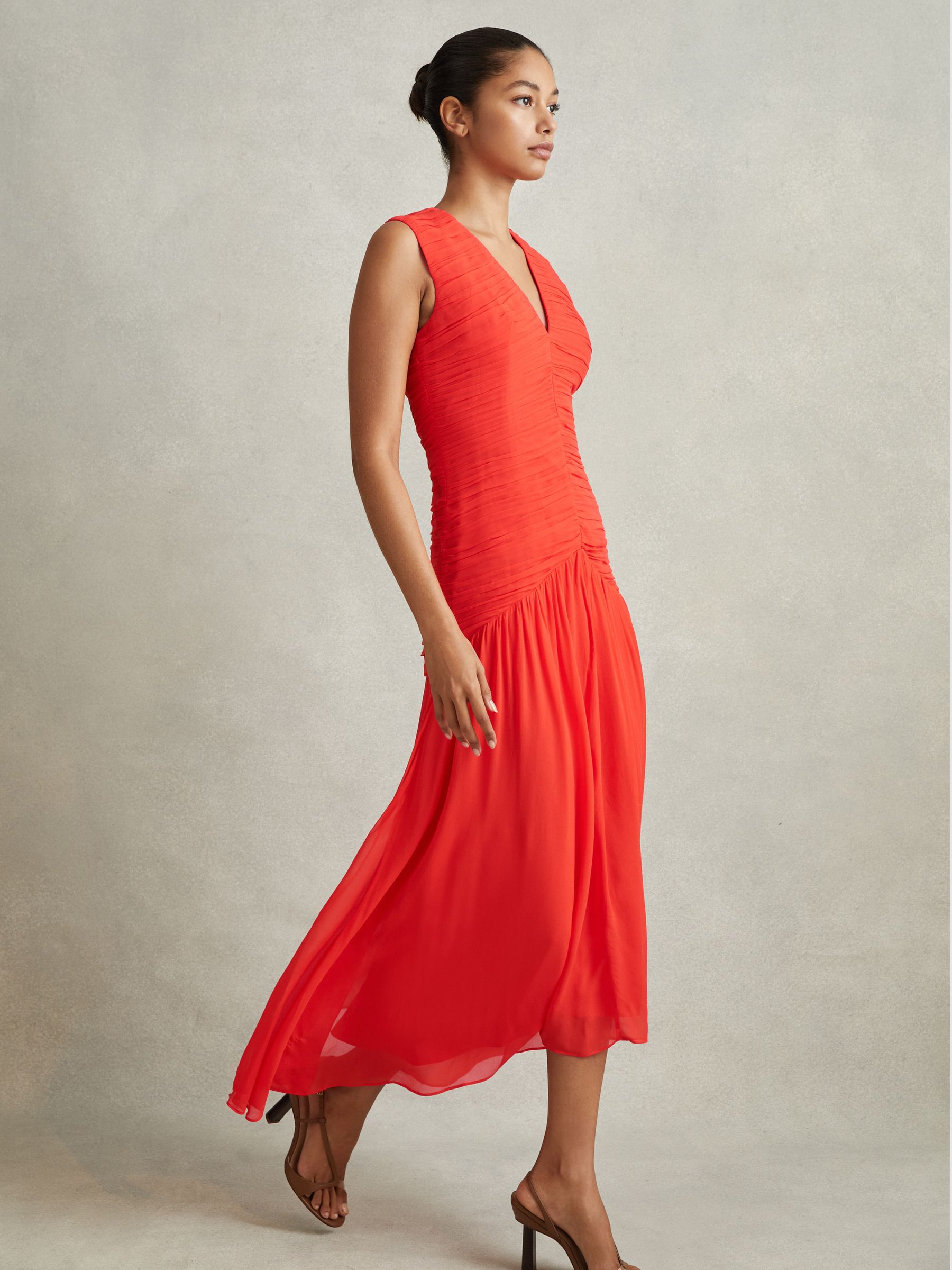 Petite Ruched Bodycon Midi Dress in Coral - Image 3 of 7