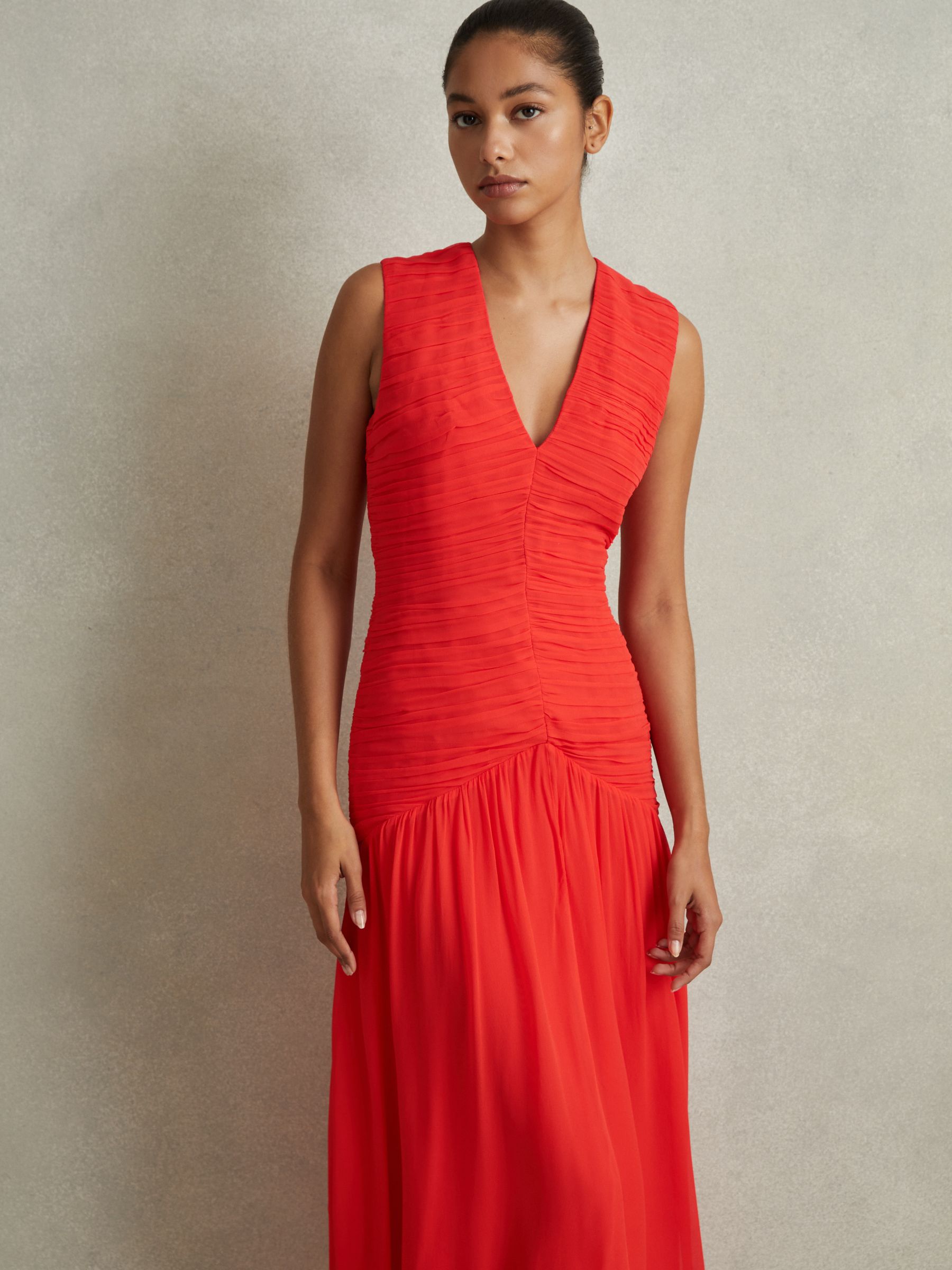Petite Ruched Bodycon Midi Dress in Coral - Image 4 of 7