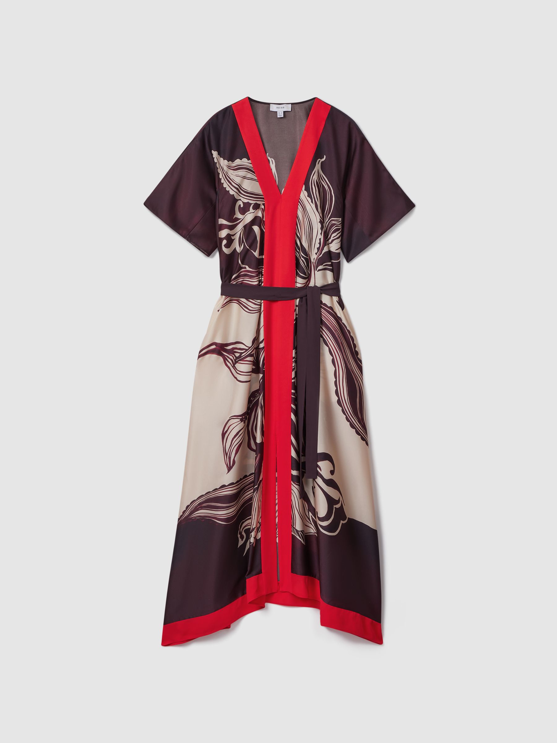 Printed Front Split Midi Dress in Ivory/Burgundy - Image 2 of 7