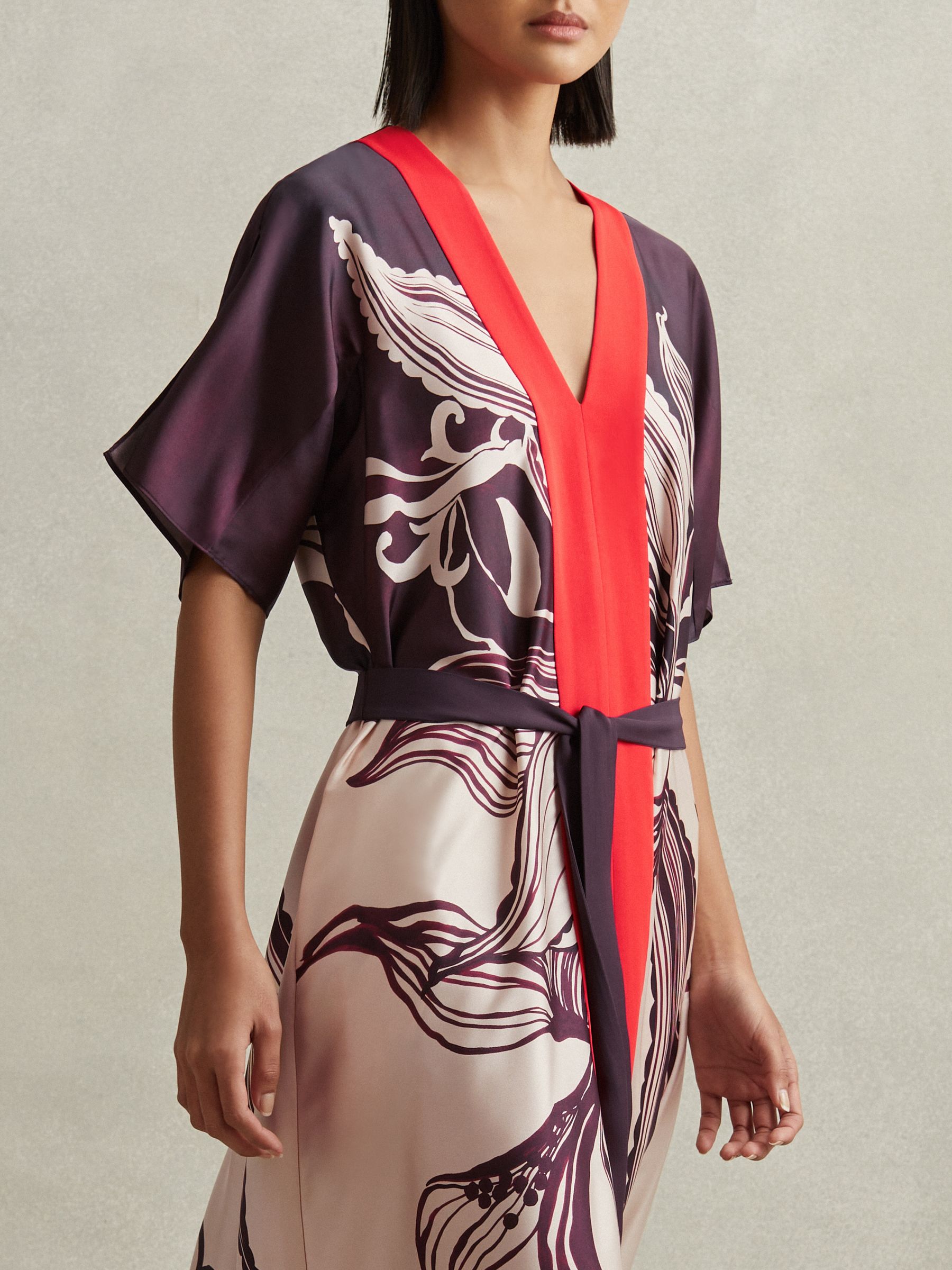 Printed Front Split Midi Dress in Ivory/Burgundy - Image 3 of 7