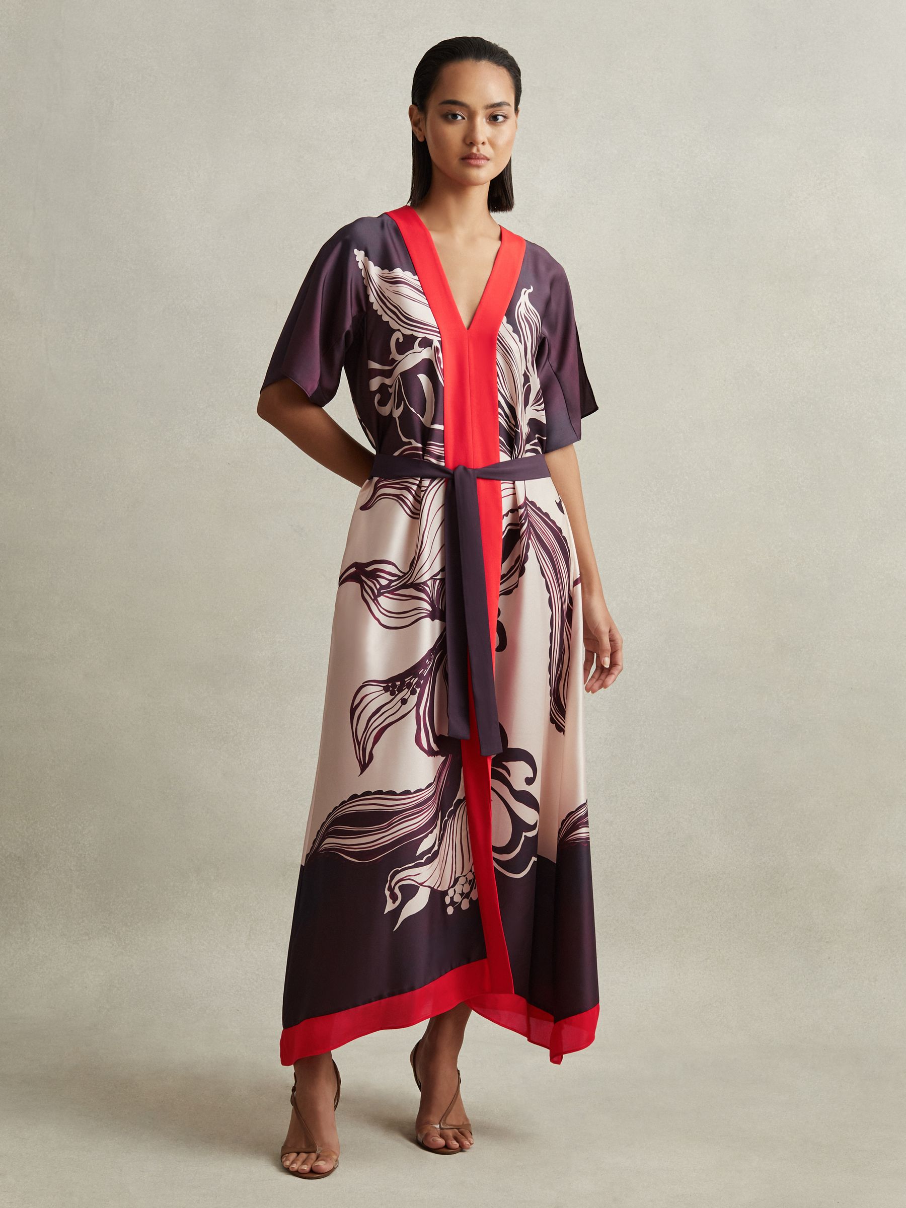 Printed Front Split Midi Dress in Ivory/Burgundy - Image 5 of 7
