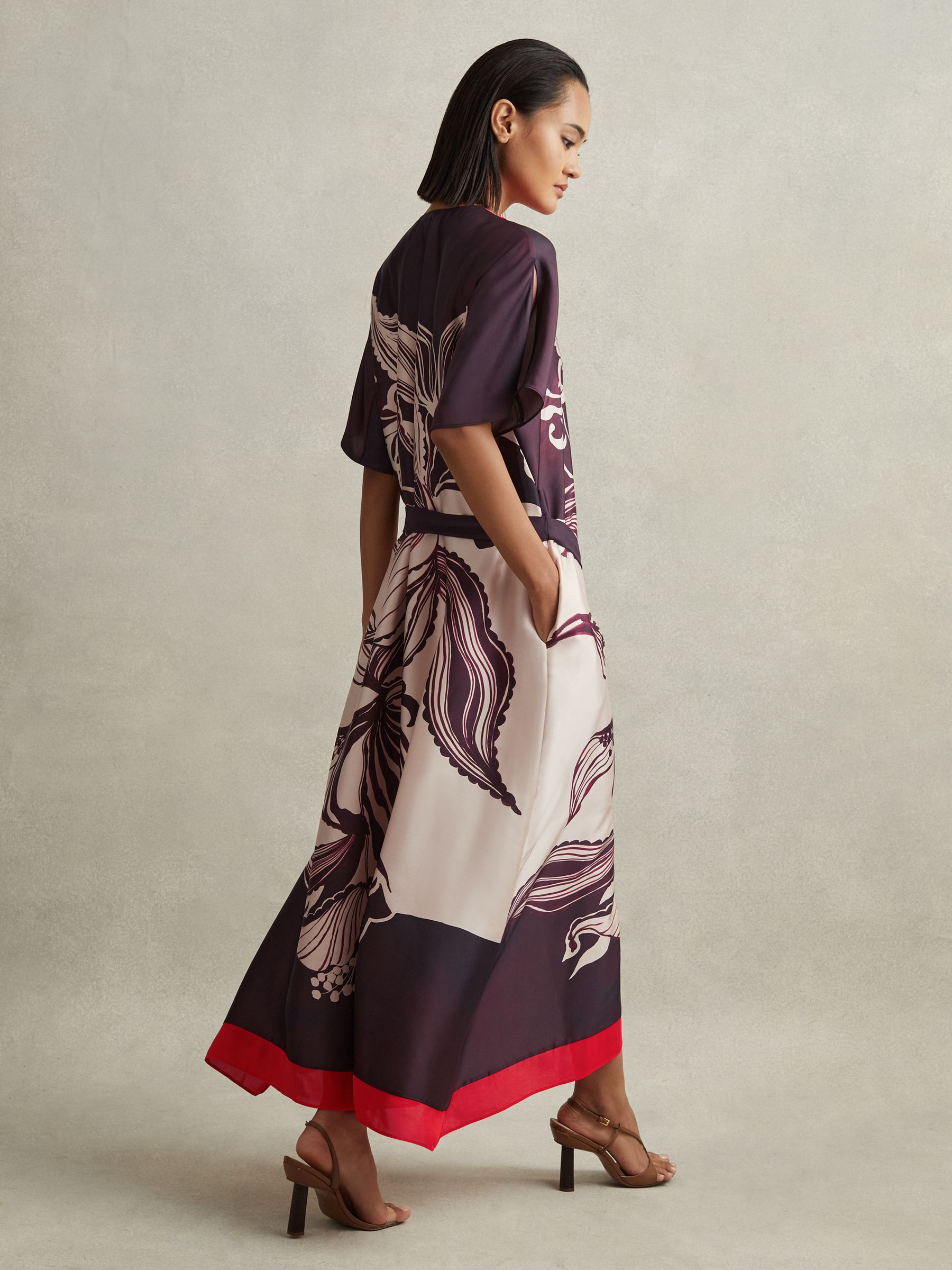 Printed Front Split Midi Dress in Ivory/Burgundy - Image 6 of 7