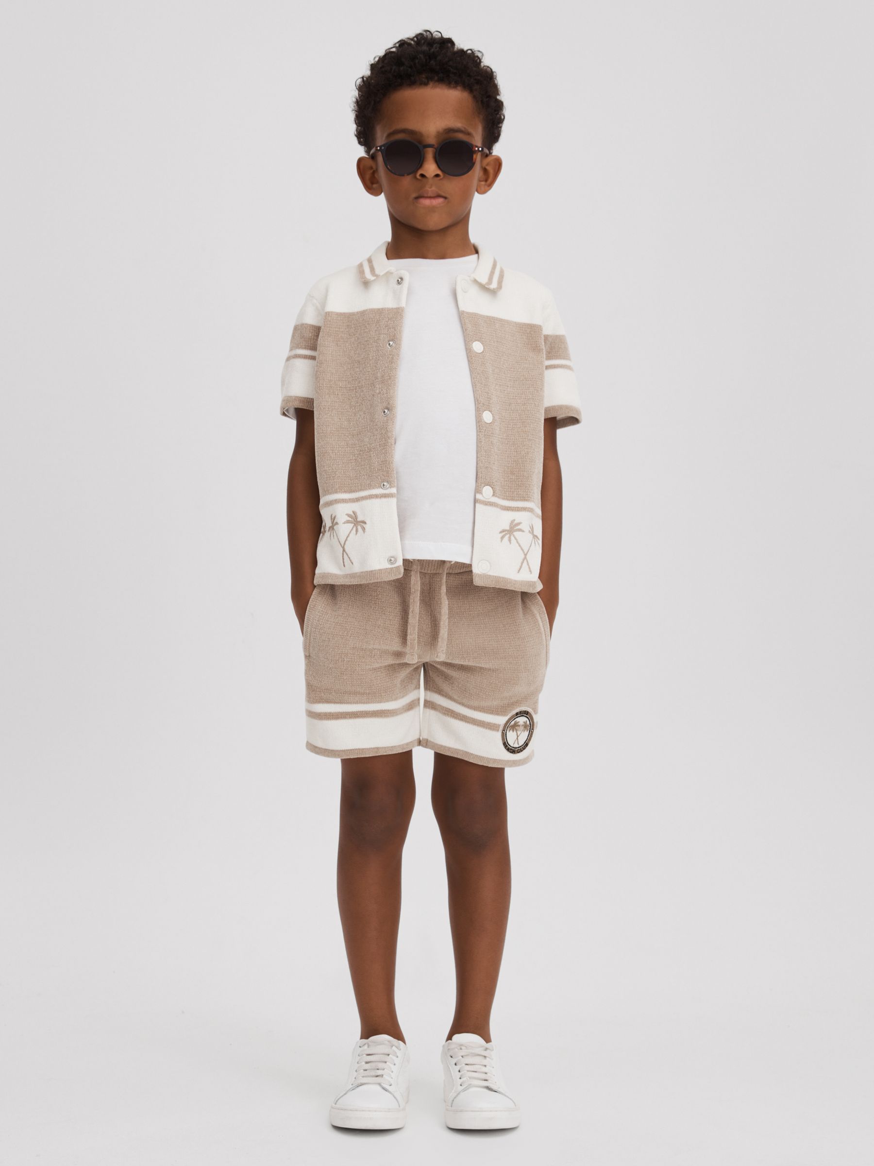 13-14 yrs Velour Drawstring Shorts in Taupe/Optic White - Image 3 of 4