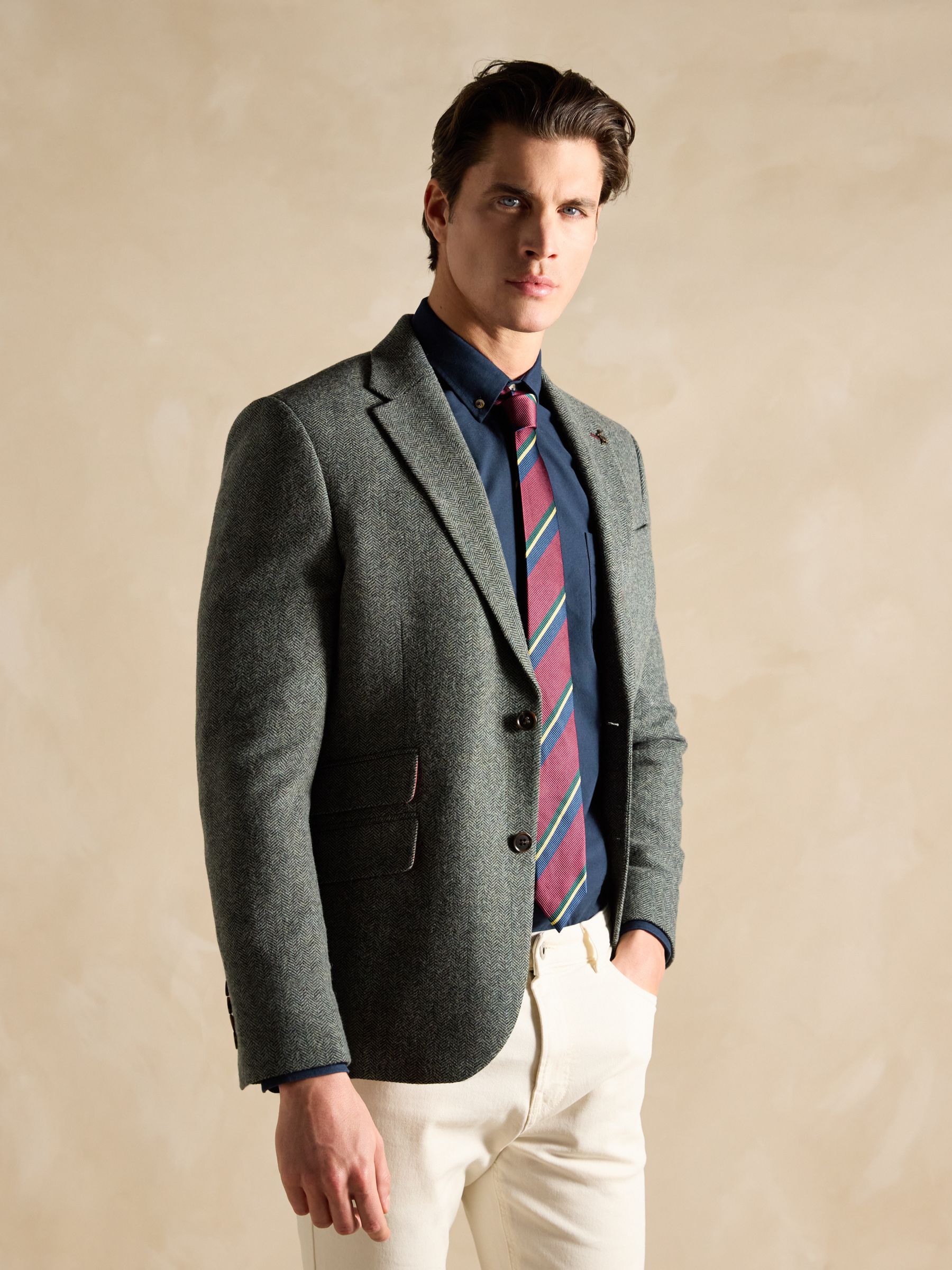 Dark Green Herringbone Texture Slim Fit Blazer - Image 1 of 9