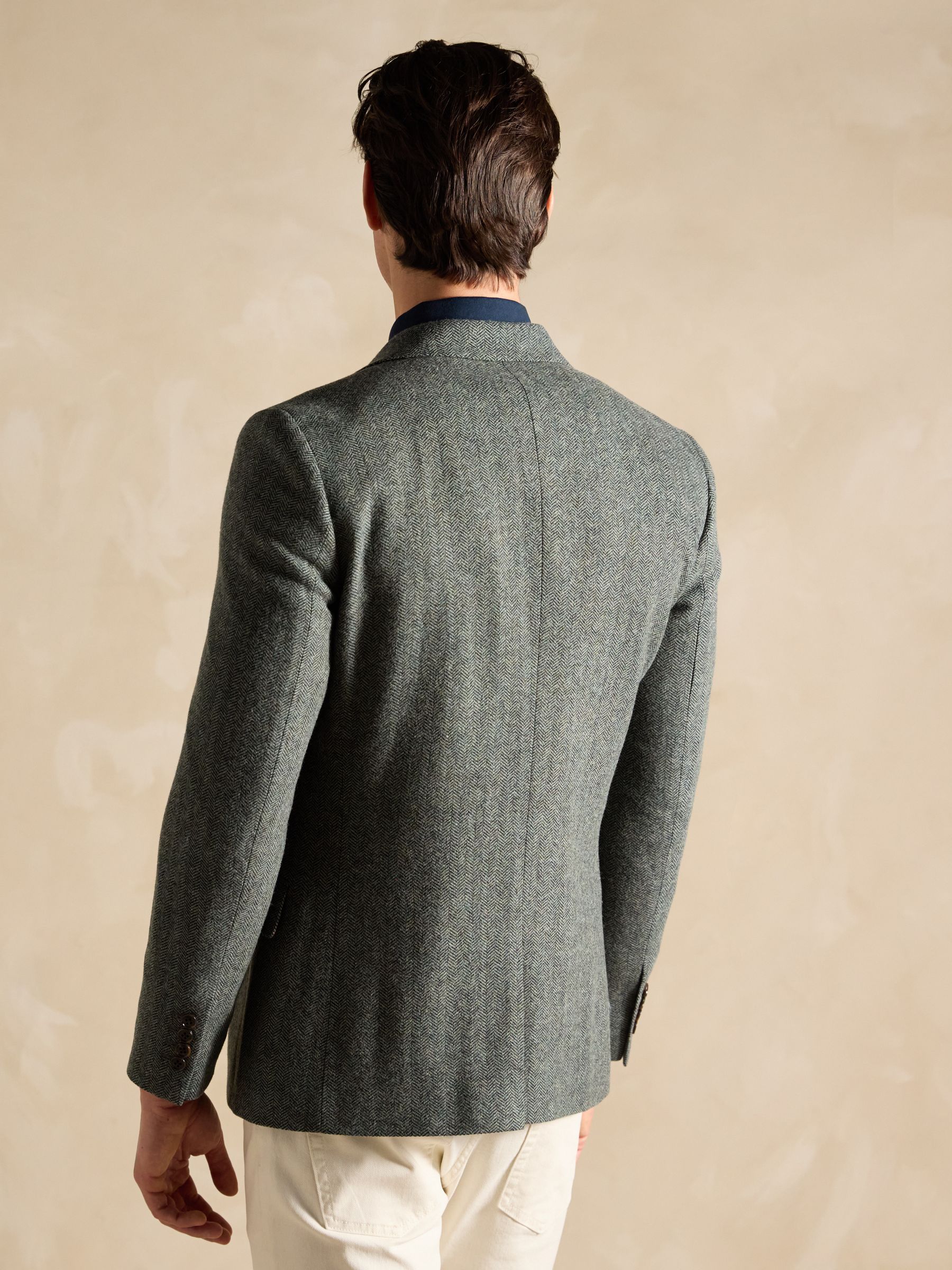 Dark Green Herringbone Texture Slim Fit Blazer - Image 2 of 9