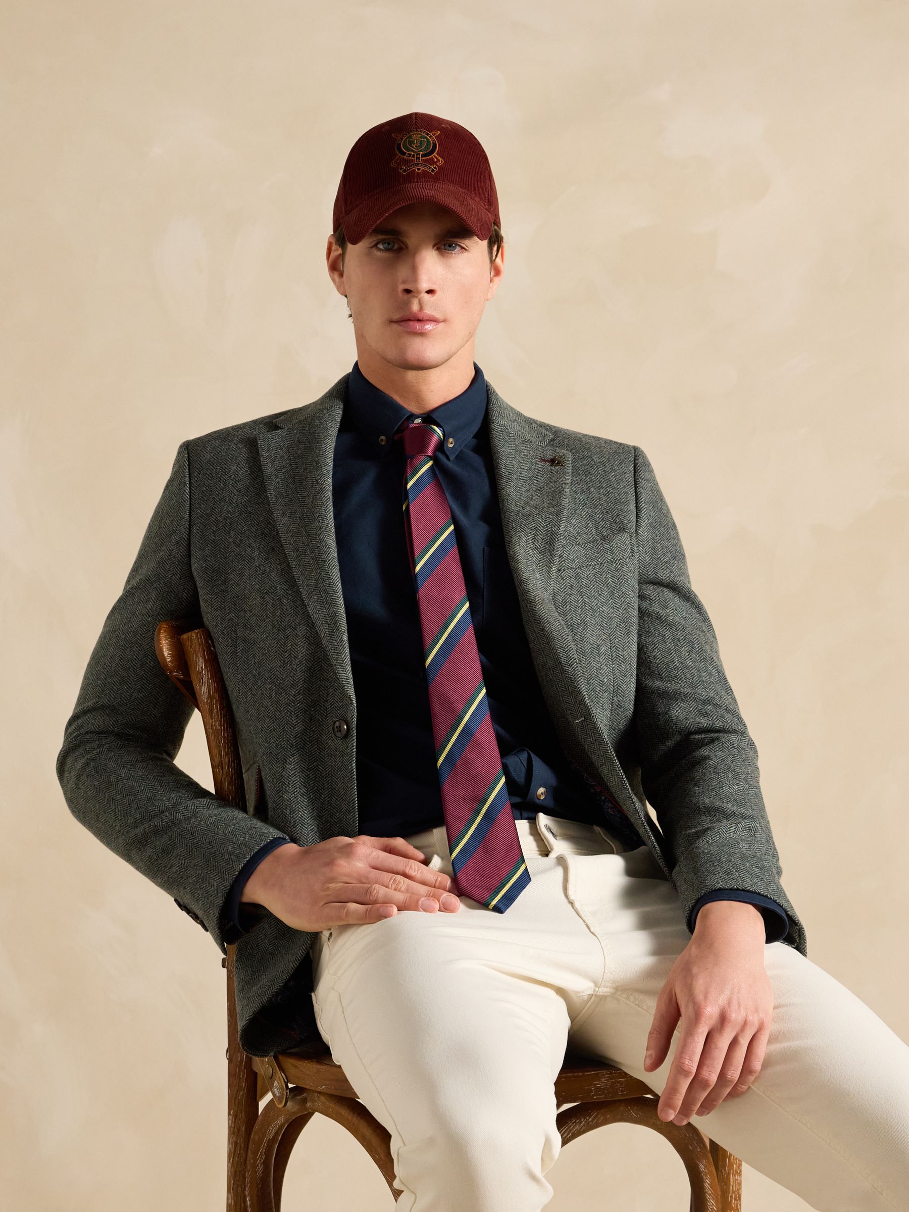 Dark Green Herringbone Texture Slim Fit Blazer - Image 3 of 9