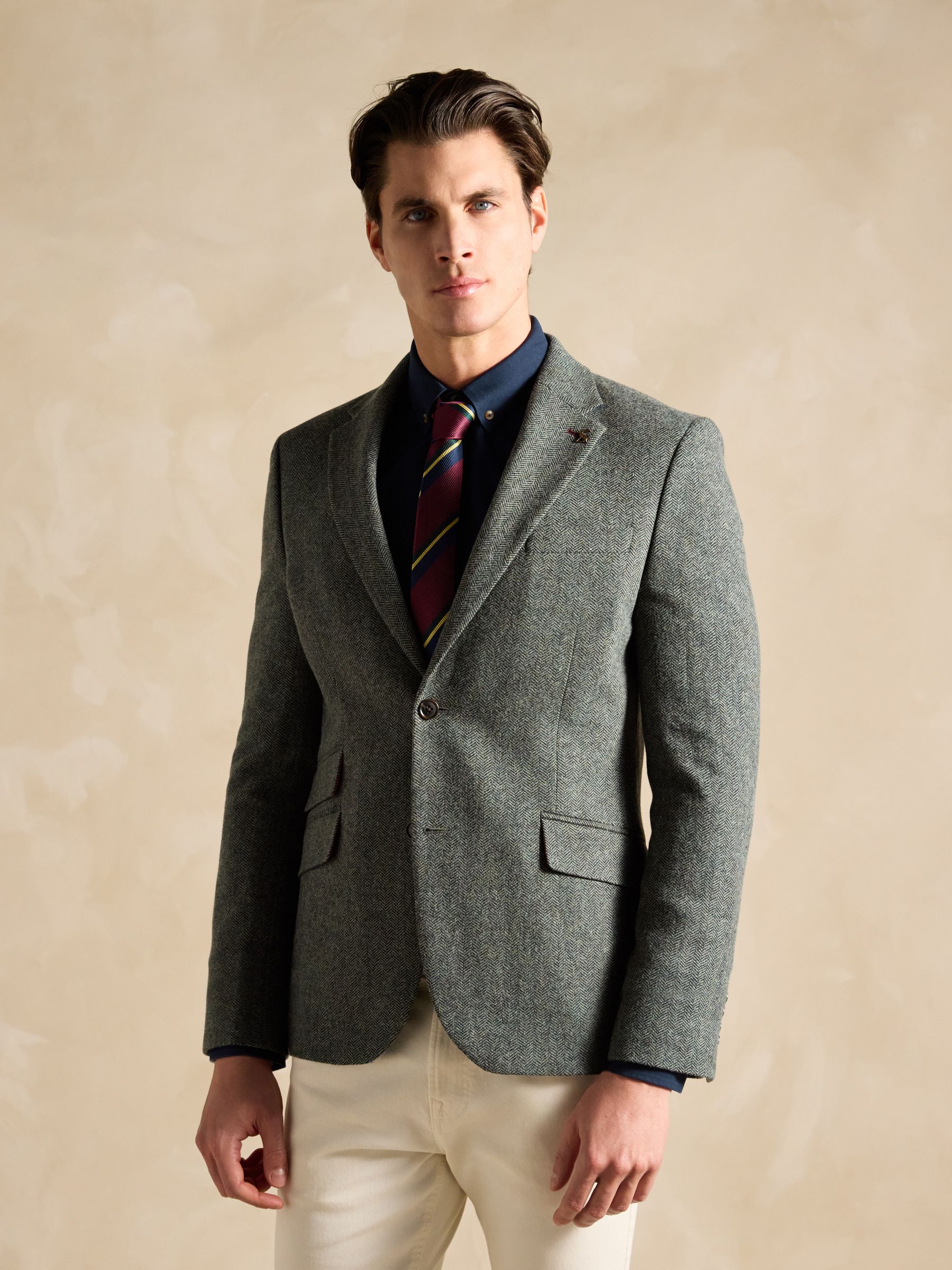Dark Green Herringbone Texture Slim Fit Blazer - Image 4 of 9