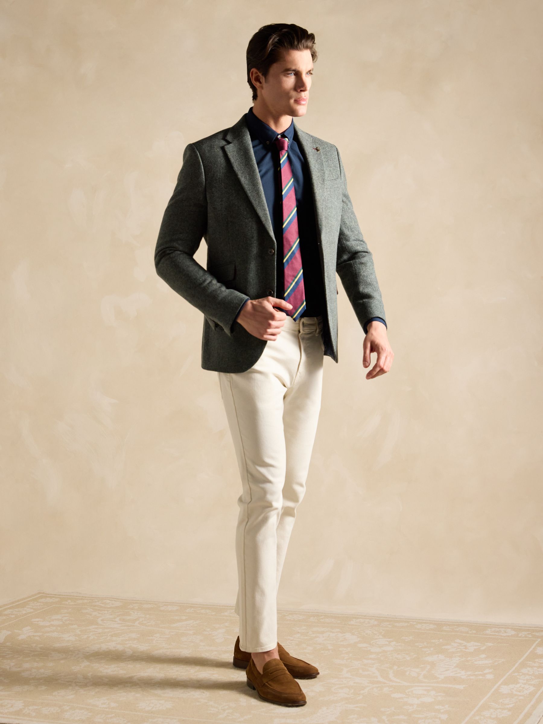 Dark Green Herringbone Texture Slim Fit Blazer - Image 5 of 9