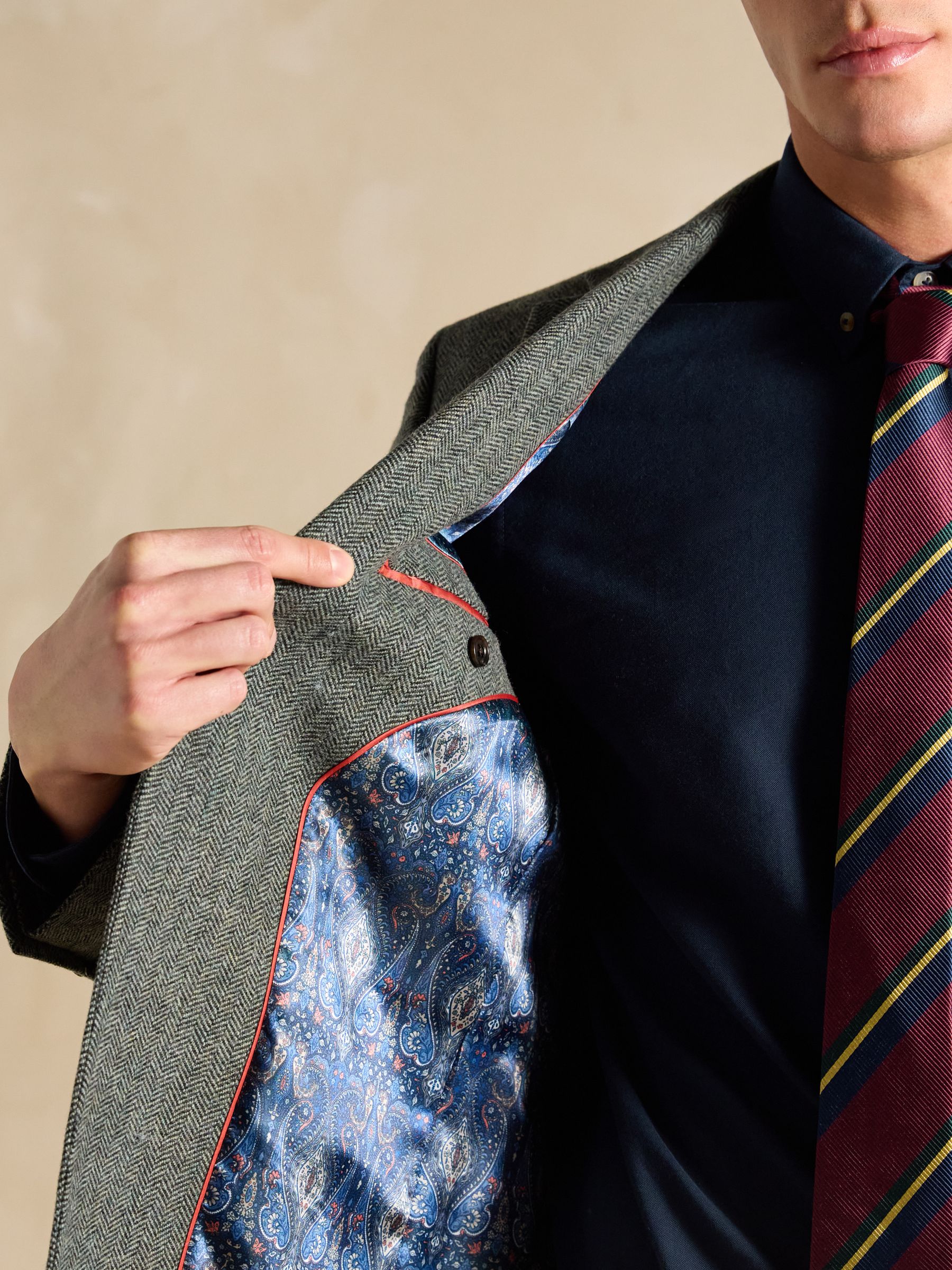 Dark Green Herringbone Texture Slim Fit Blazer - Image 6 of 9