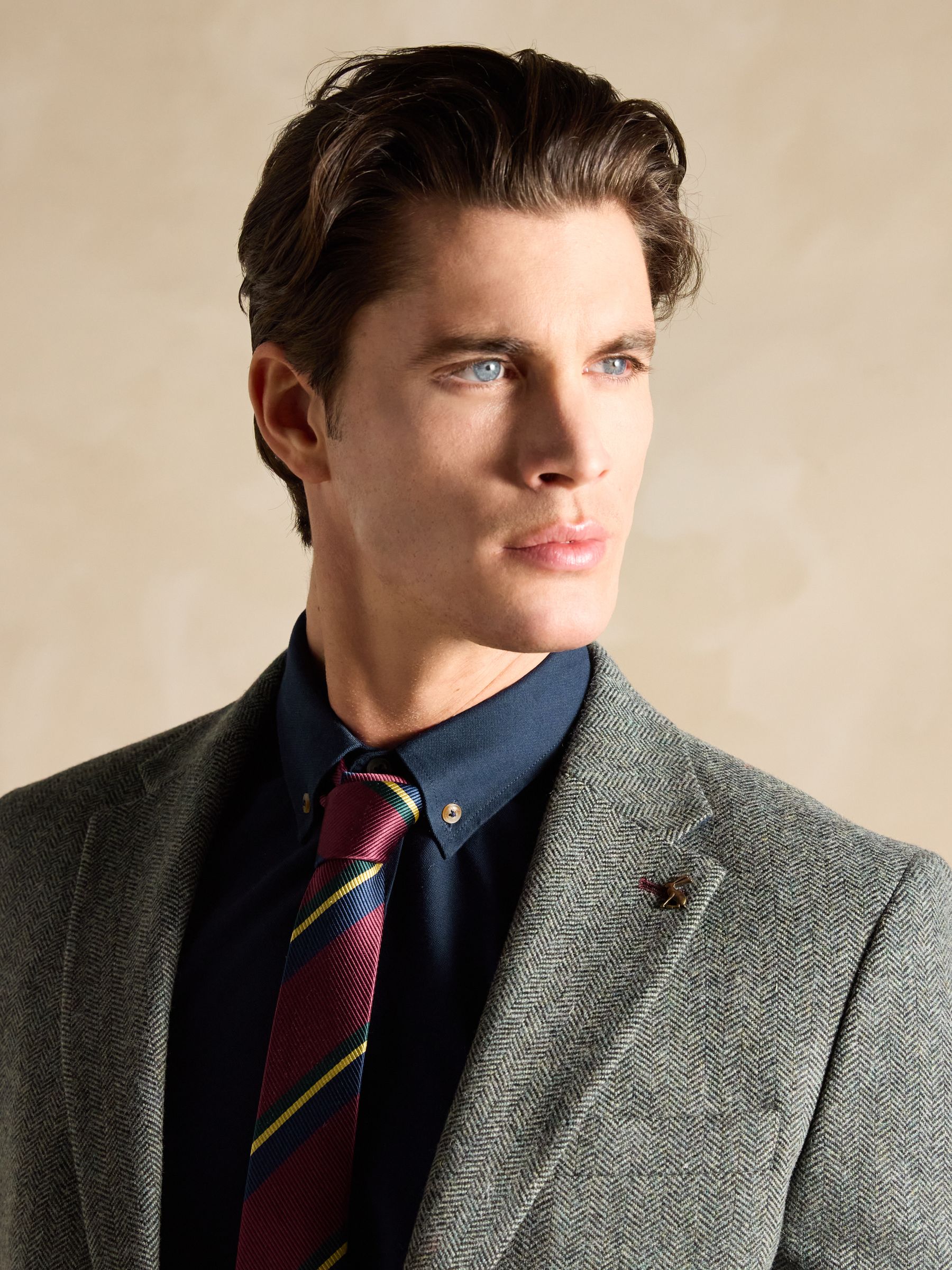 Dark Green Herringbone Texture Slim Fit Blazer - Image 7 of 9