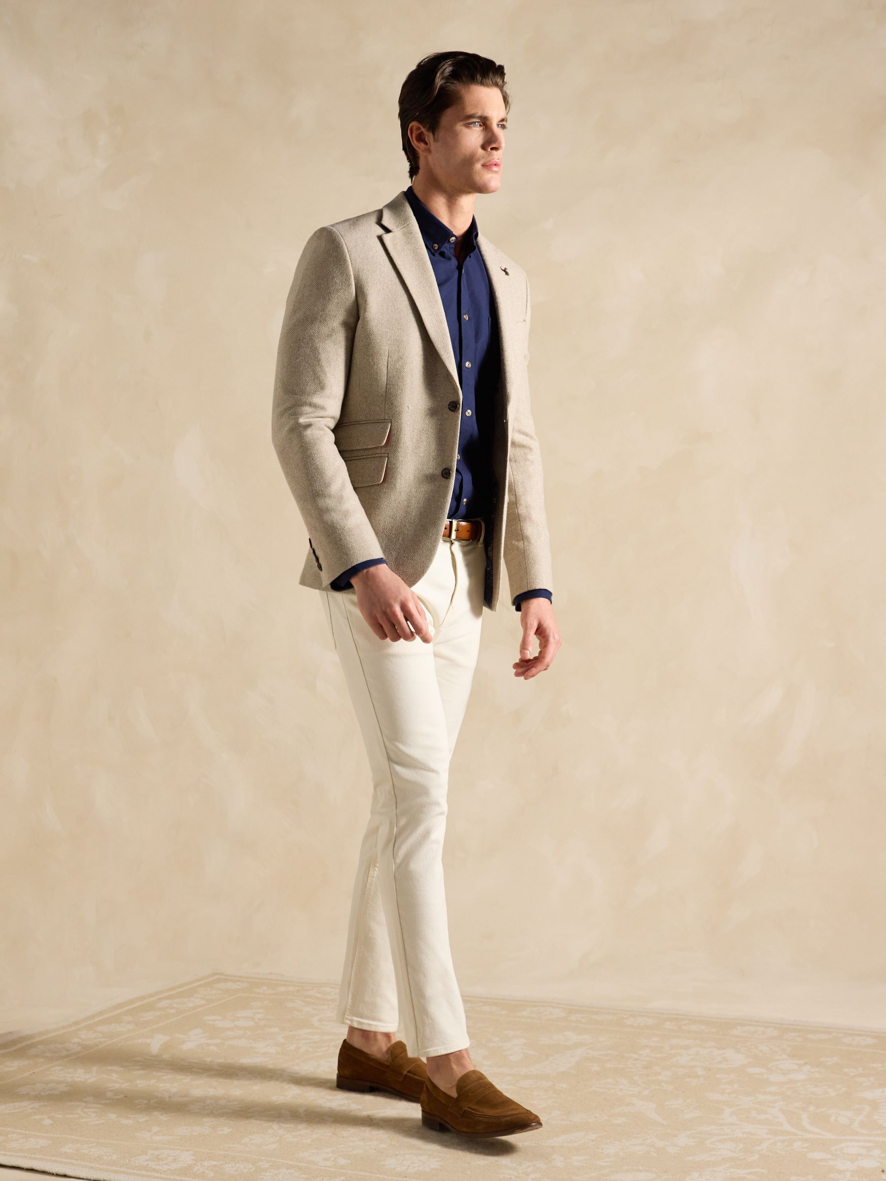Oatmeal Herringbone Texture Slim Fit Blazer - Image 3 of 13