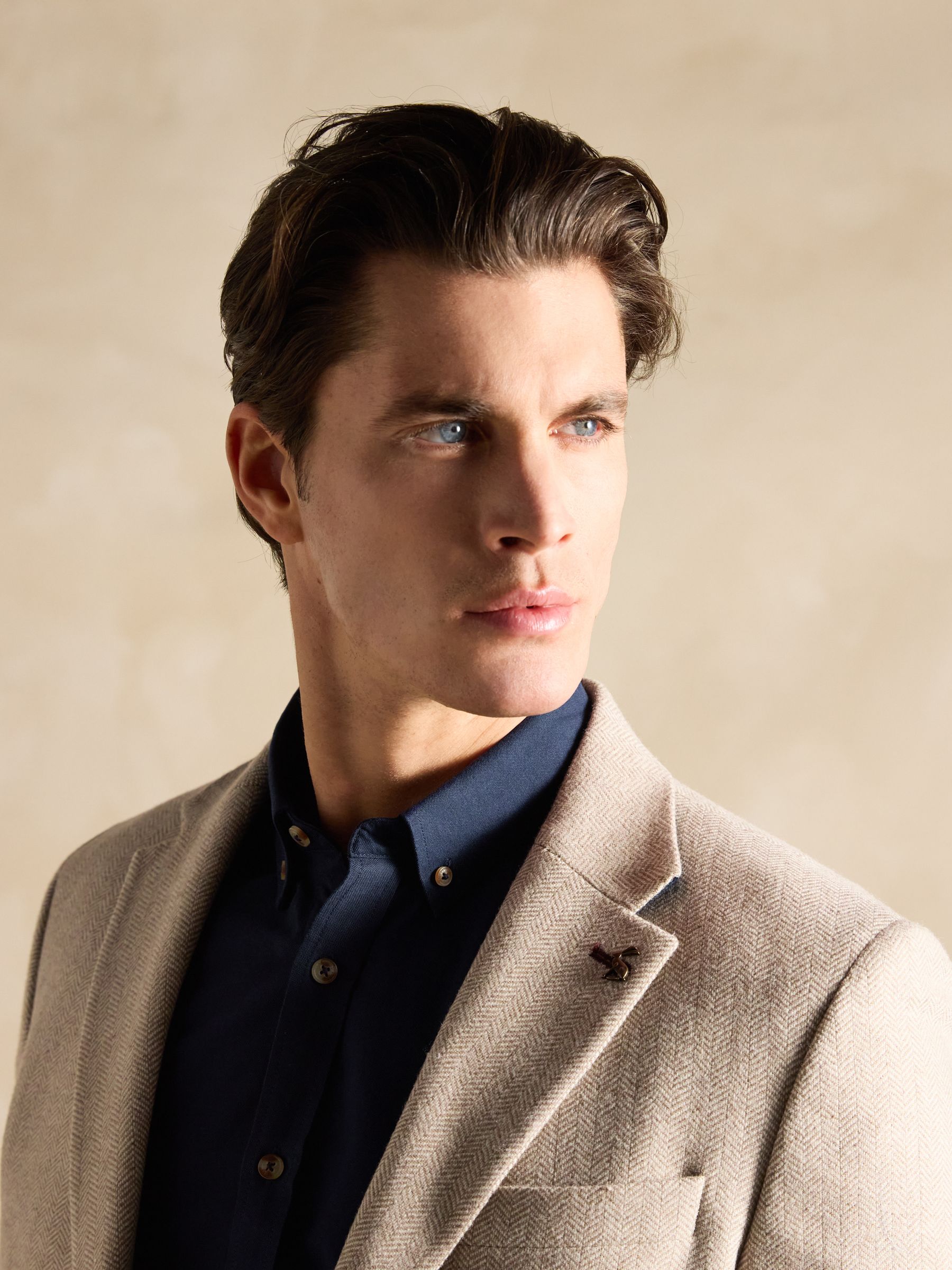 Oatmeal Herringbone Texture Slim Fit Blazer - Image 4 of 13