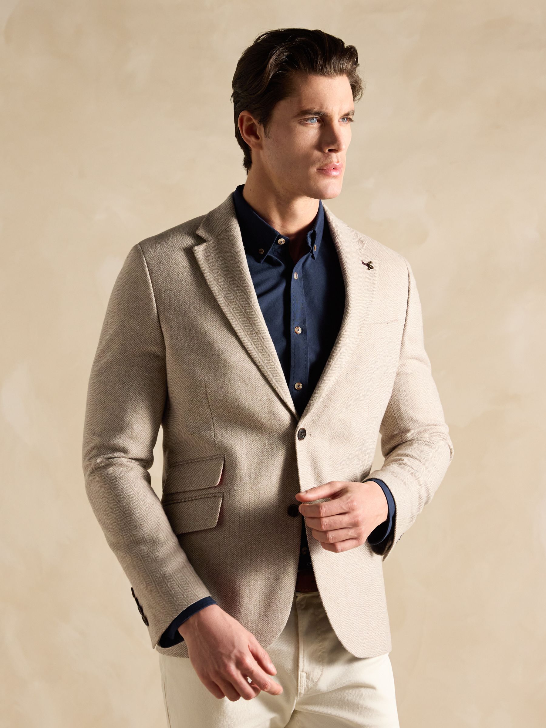 Oatmeal Herringbone Texture Slim Fit Blazer - Image 5 of 13