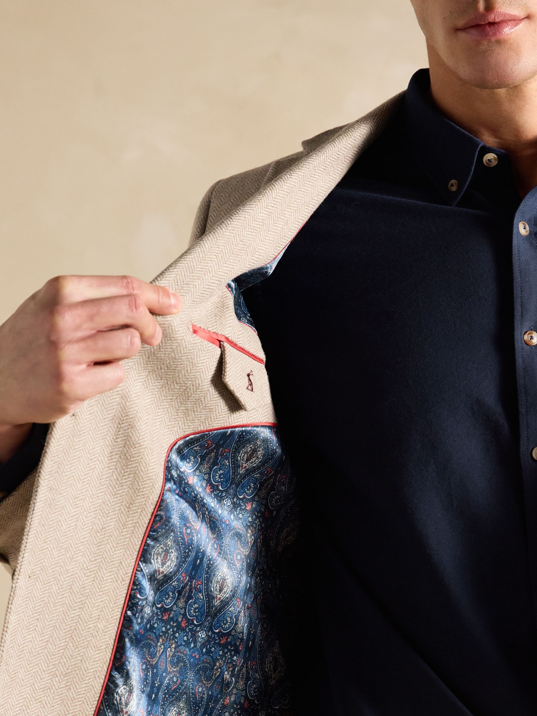 Oatmeal Herringbone Texture Slim Fit Blazer - Image 6 of 13