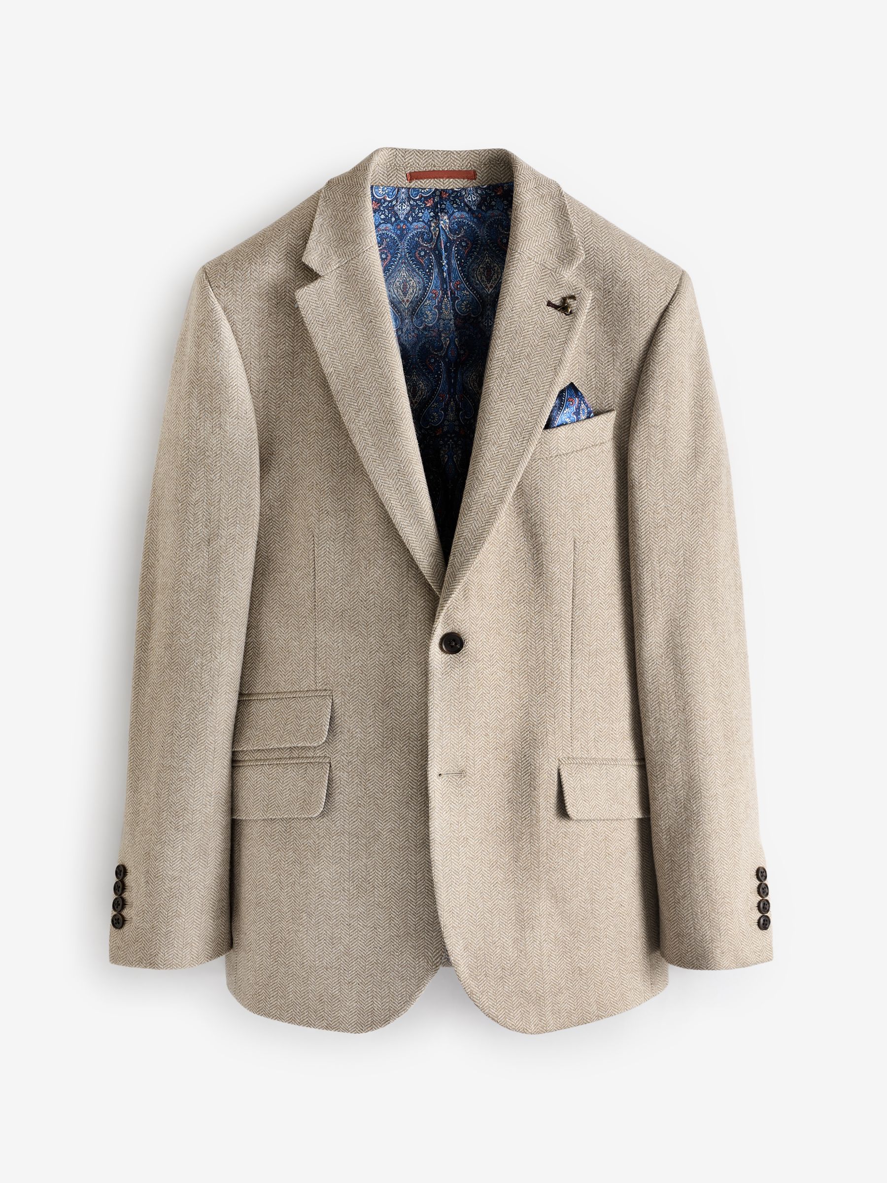 Oatmeal Herringbone Texture Slim Fit Blazer - Image 9 of 13