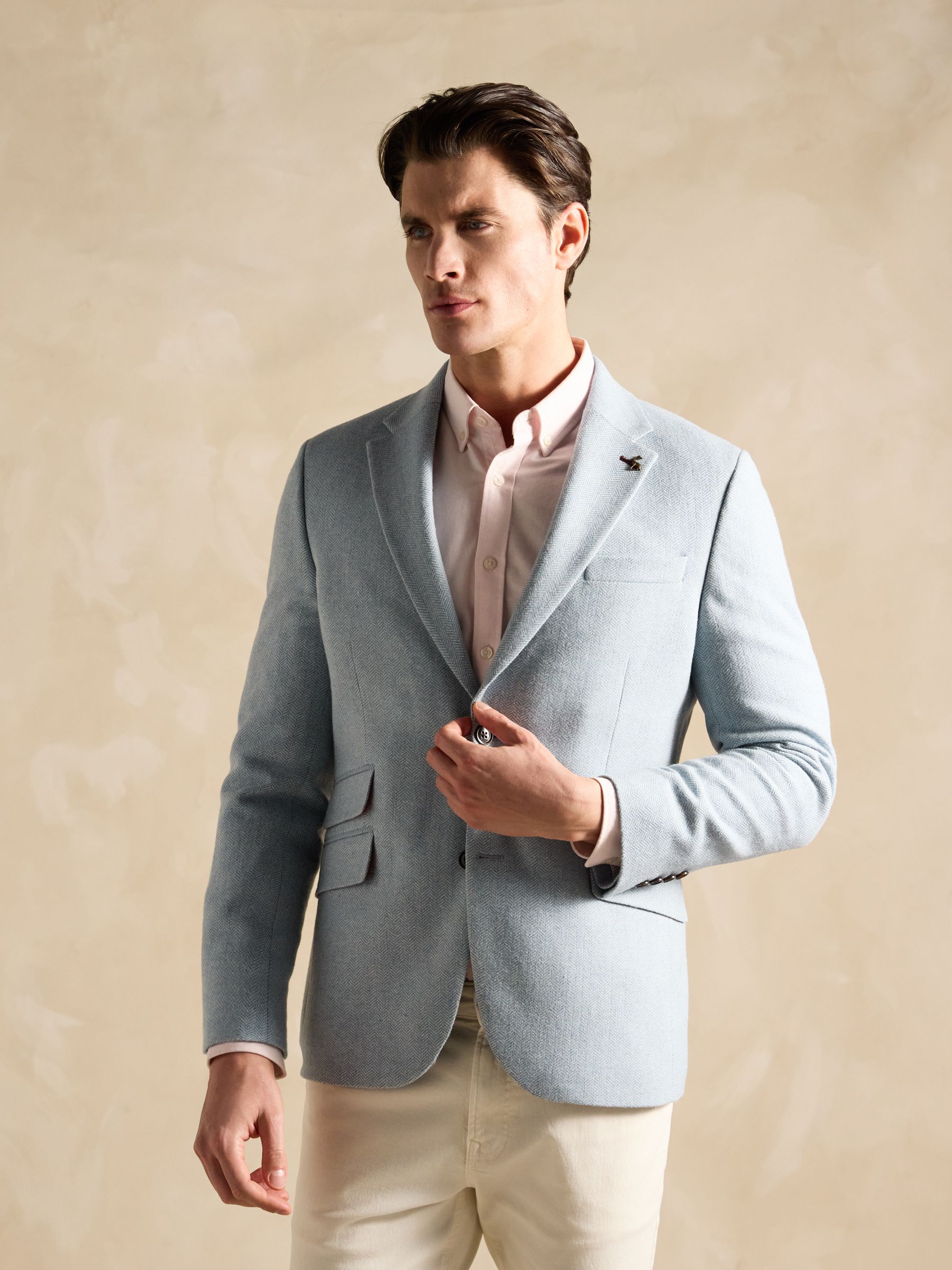 Light Blue Herringbone Texture Slim Fit Blazer - Image 1 of 9