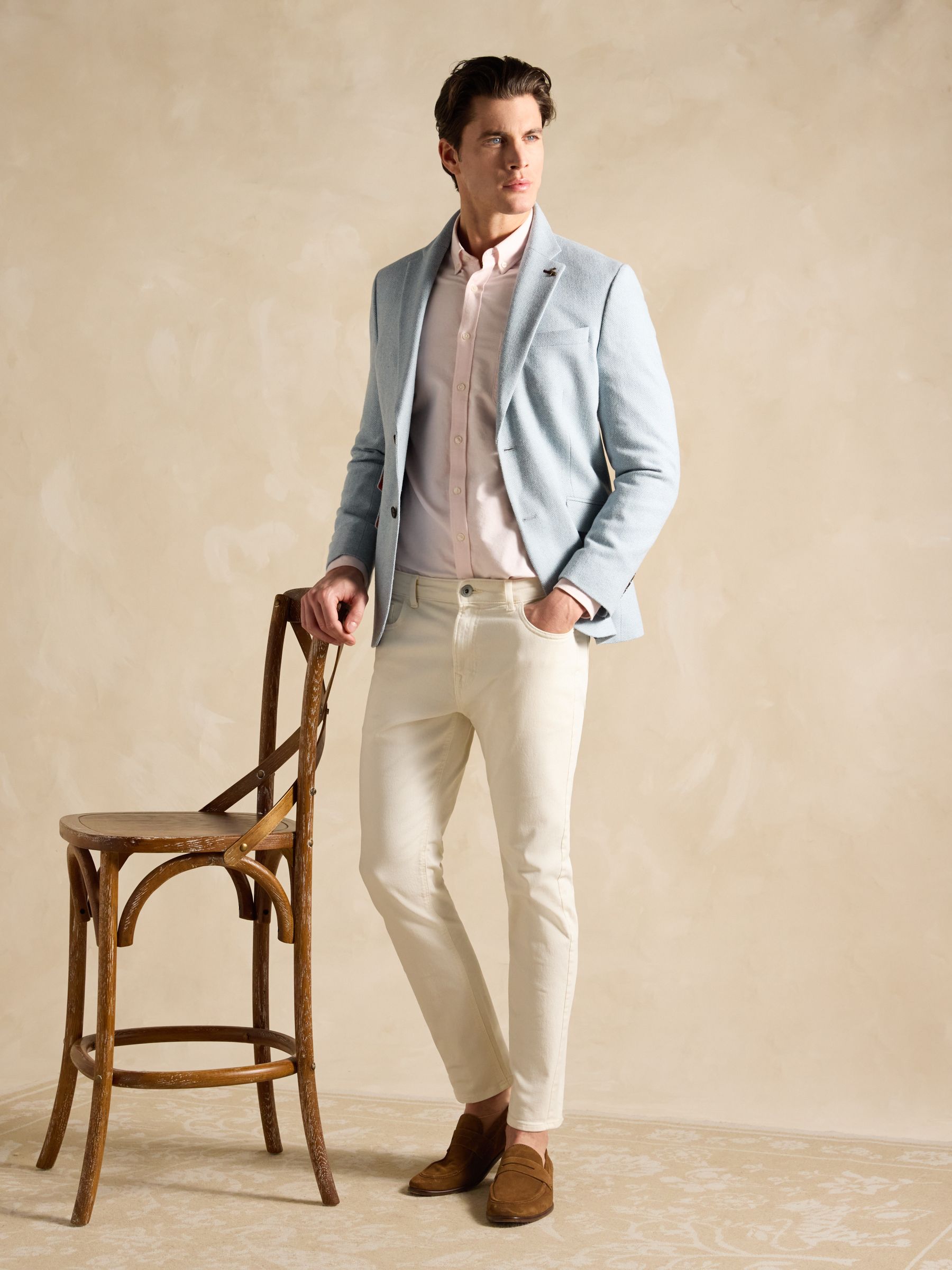 Light Blue Herringbone Texture Slim Fit Blazer - Image 3 of 9
