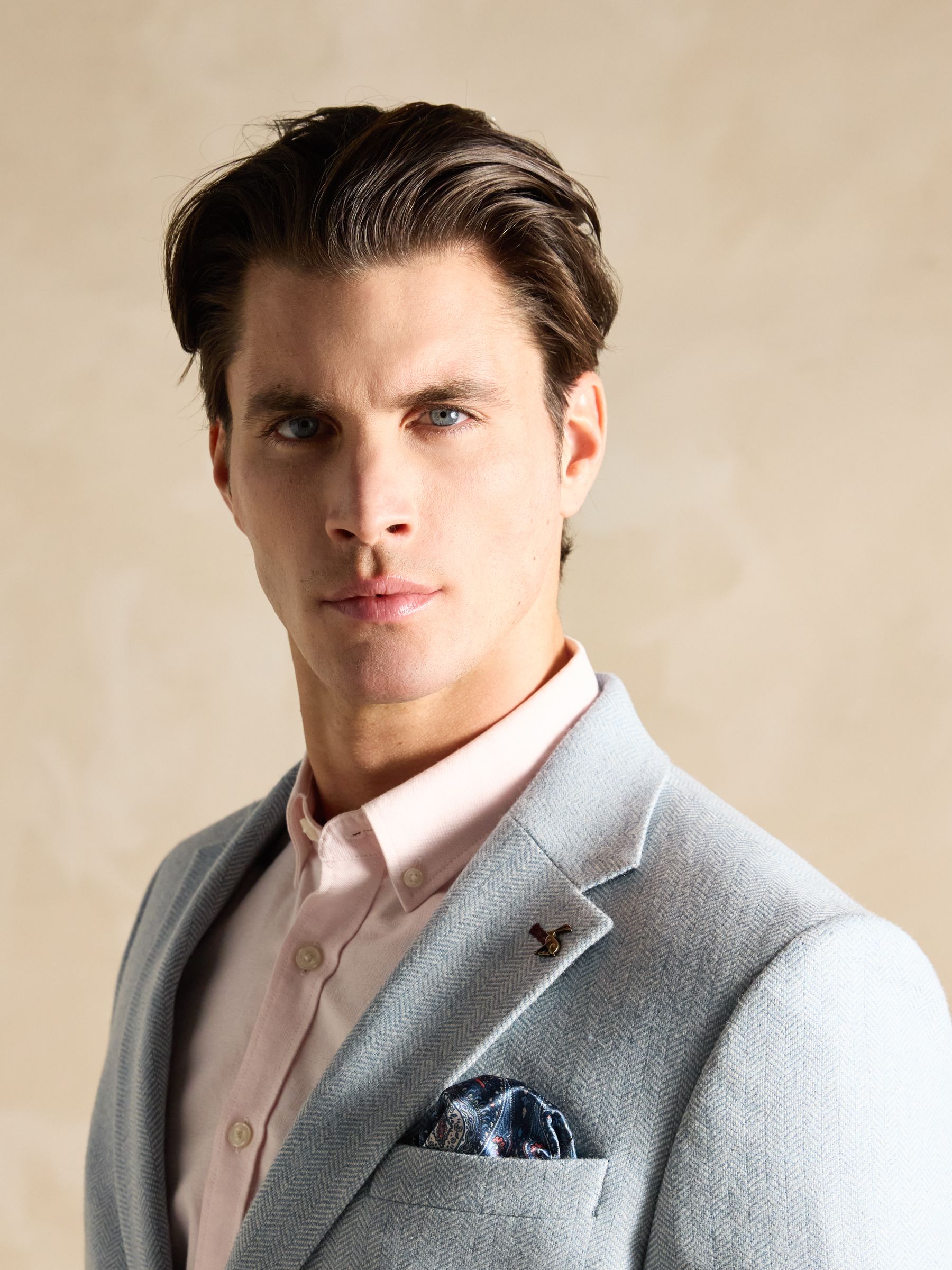Light Blue Herringbone Texture Slim Fit Blazer - Image 4 of 9