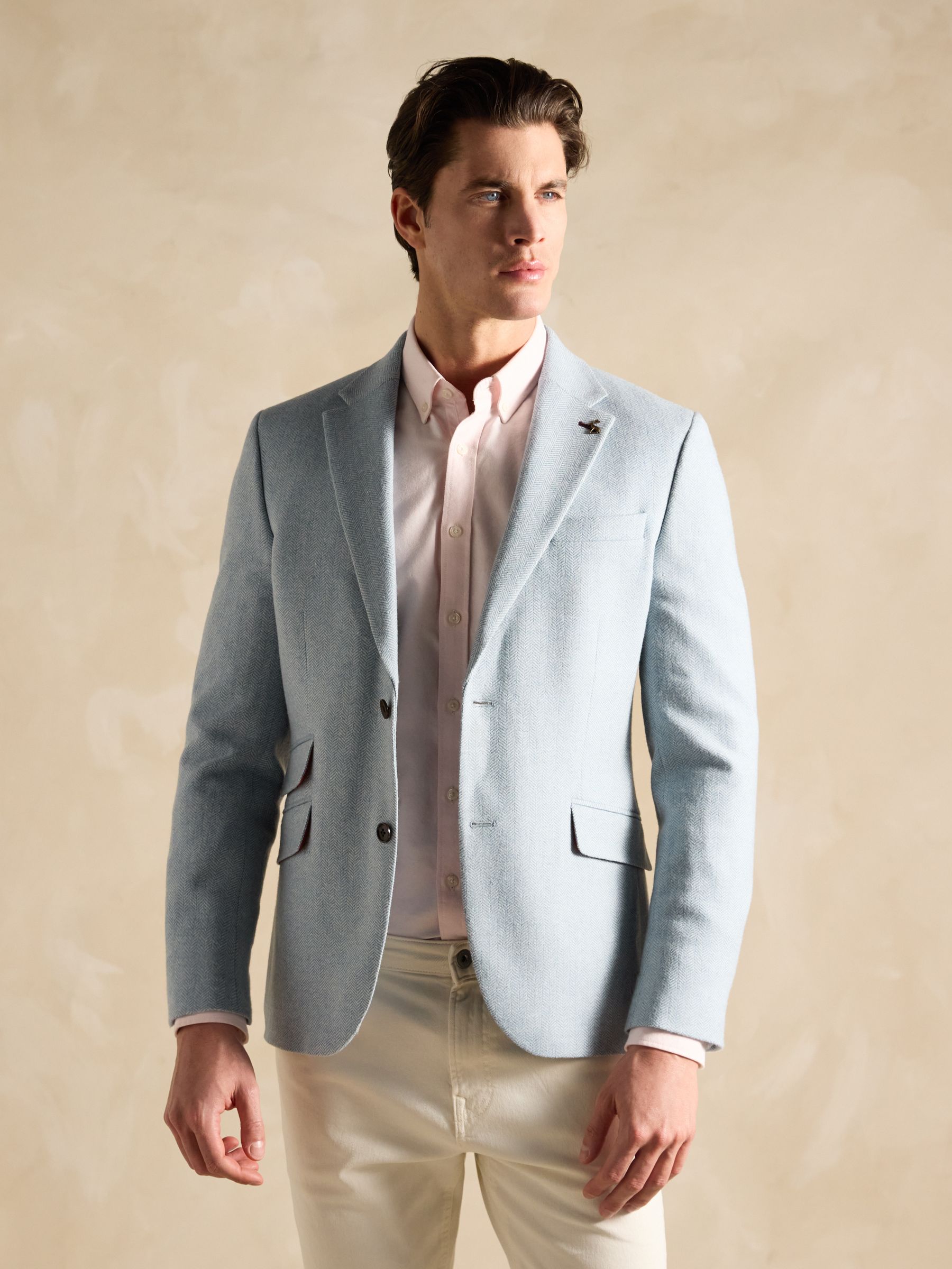 Light Blue Herringbone Texture Slim Fit Blazer - Image 5 of 9
