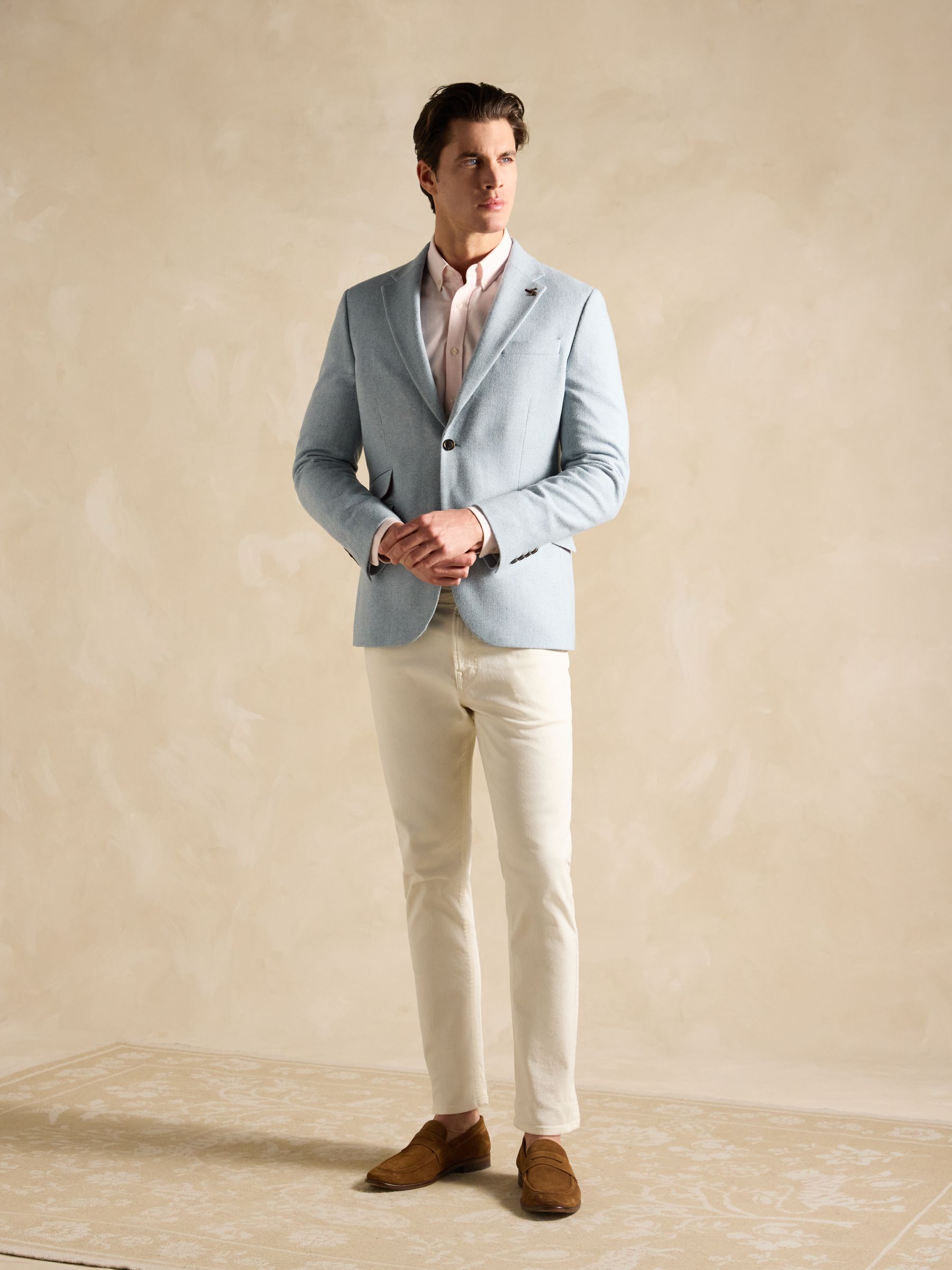 Light Blue Herringbone Texture Slim Fit Blazer - Image 6 of 9