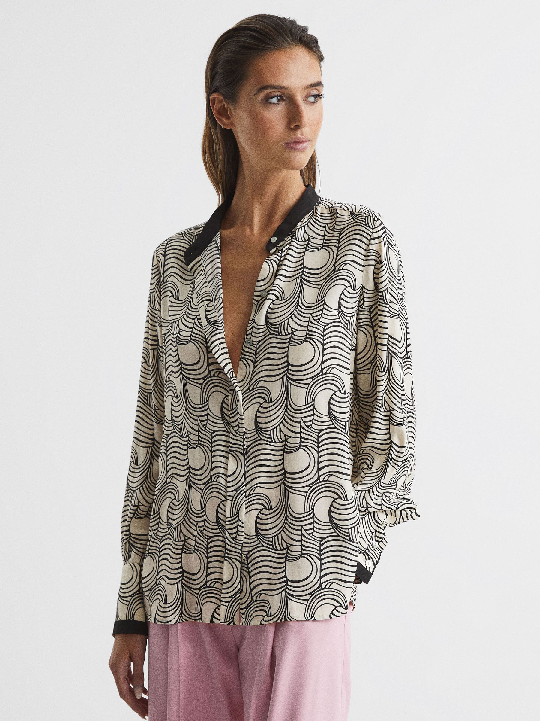 Swirl Print Shirt Blouse in Cream/Black - Image 1 of 7