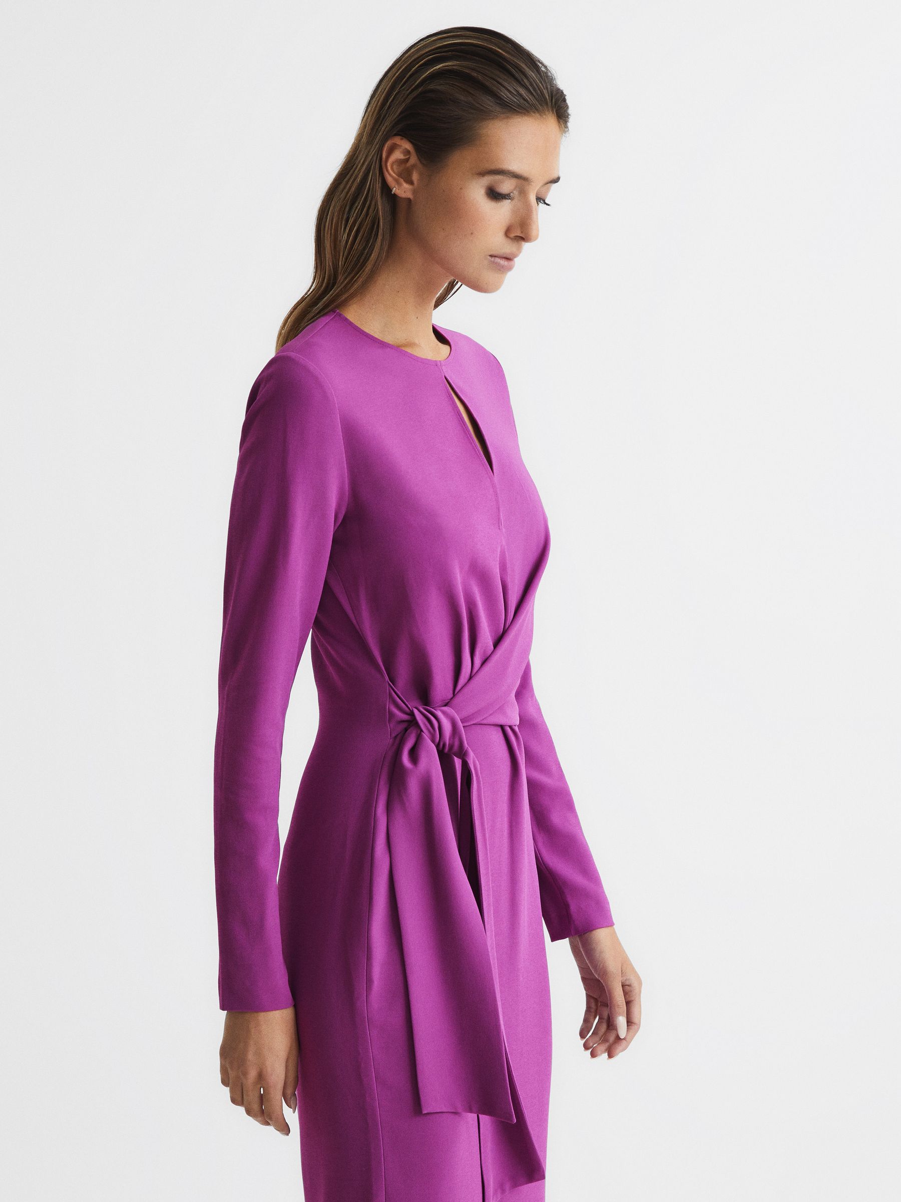 Reiss Tie Waist Bodycon Midi Dress in Magenta - REISS