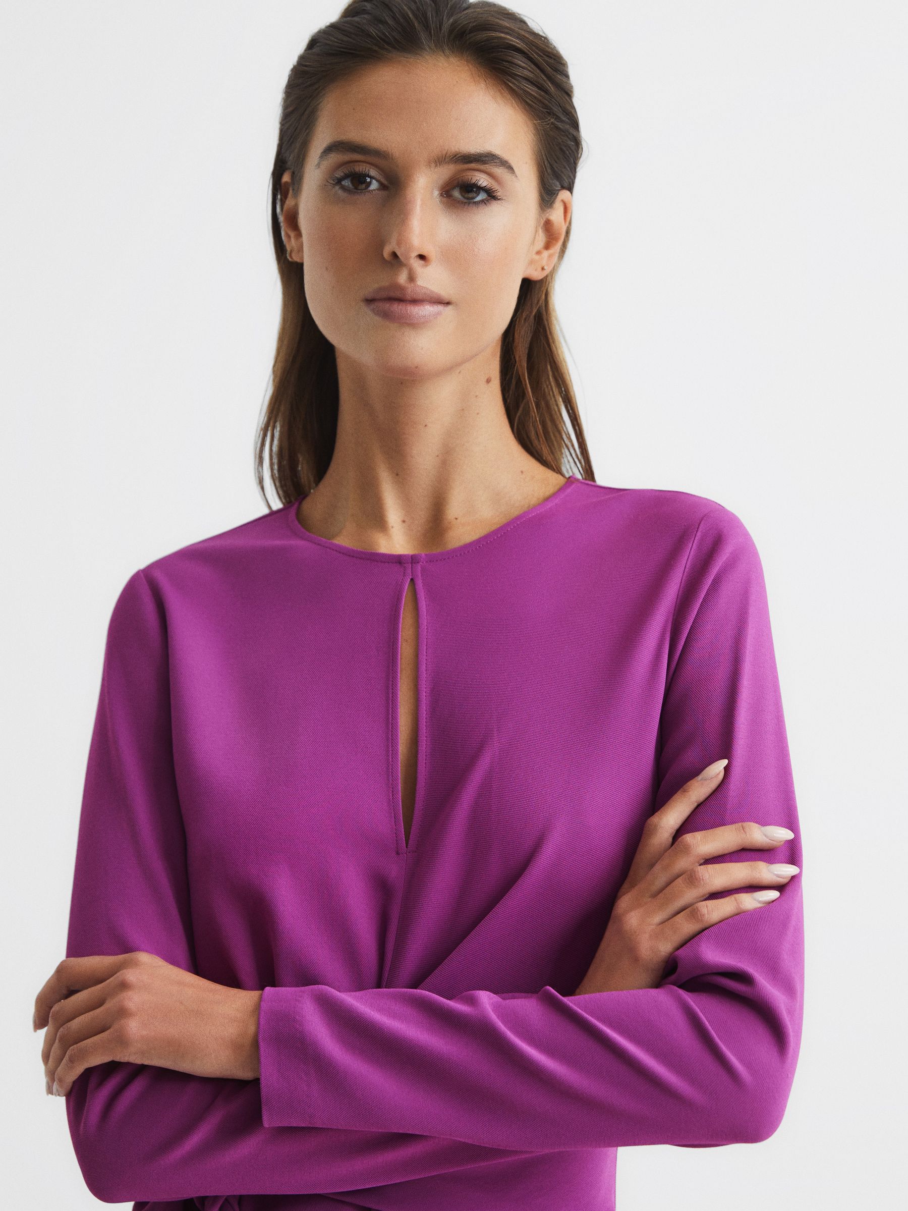 Tie Waist Bodycon Midi Dress in Magenta - Image 4 of 6