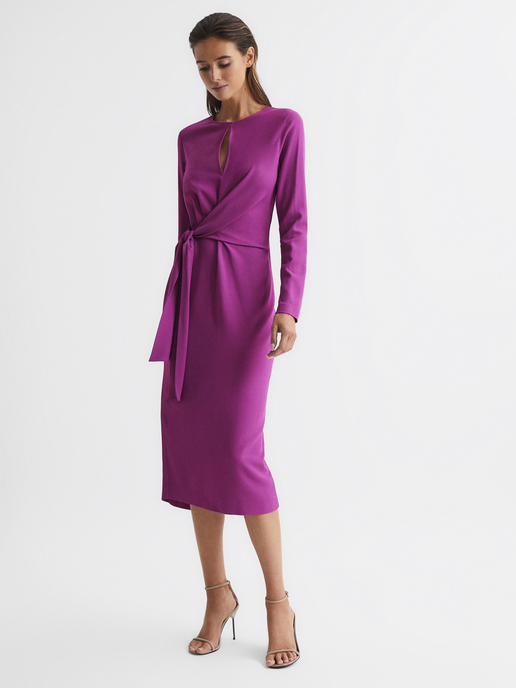 Tie Waist Bodycon Midi Dress in Magenta - Image 6 of 6