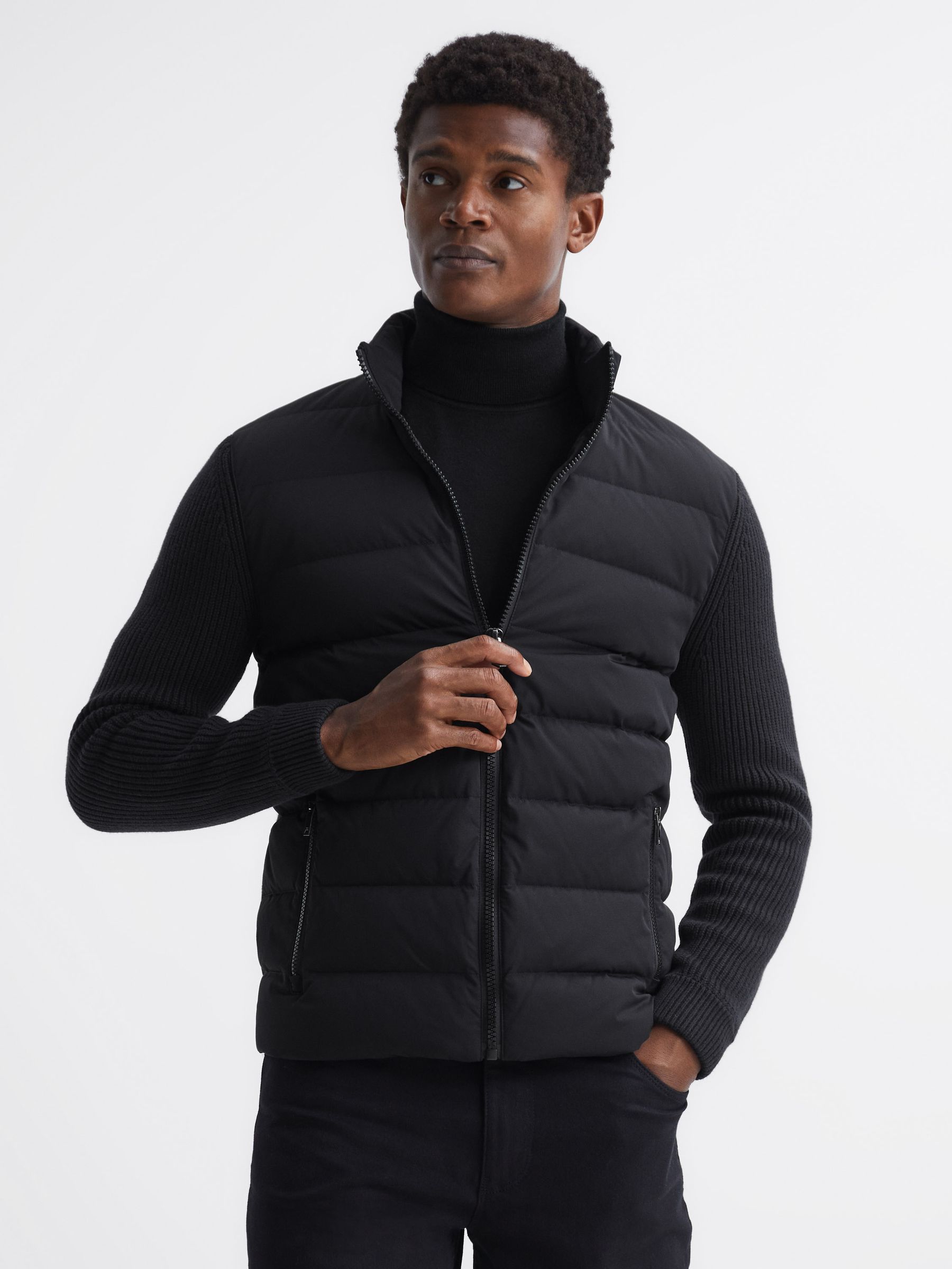 Quilted Knitted Hybrid Jacket in Black - Image 1 of 8