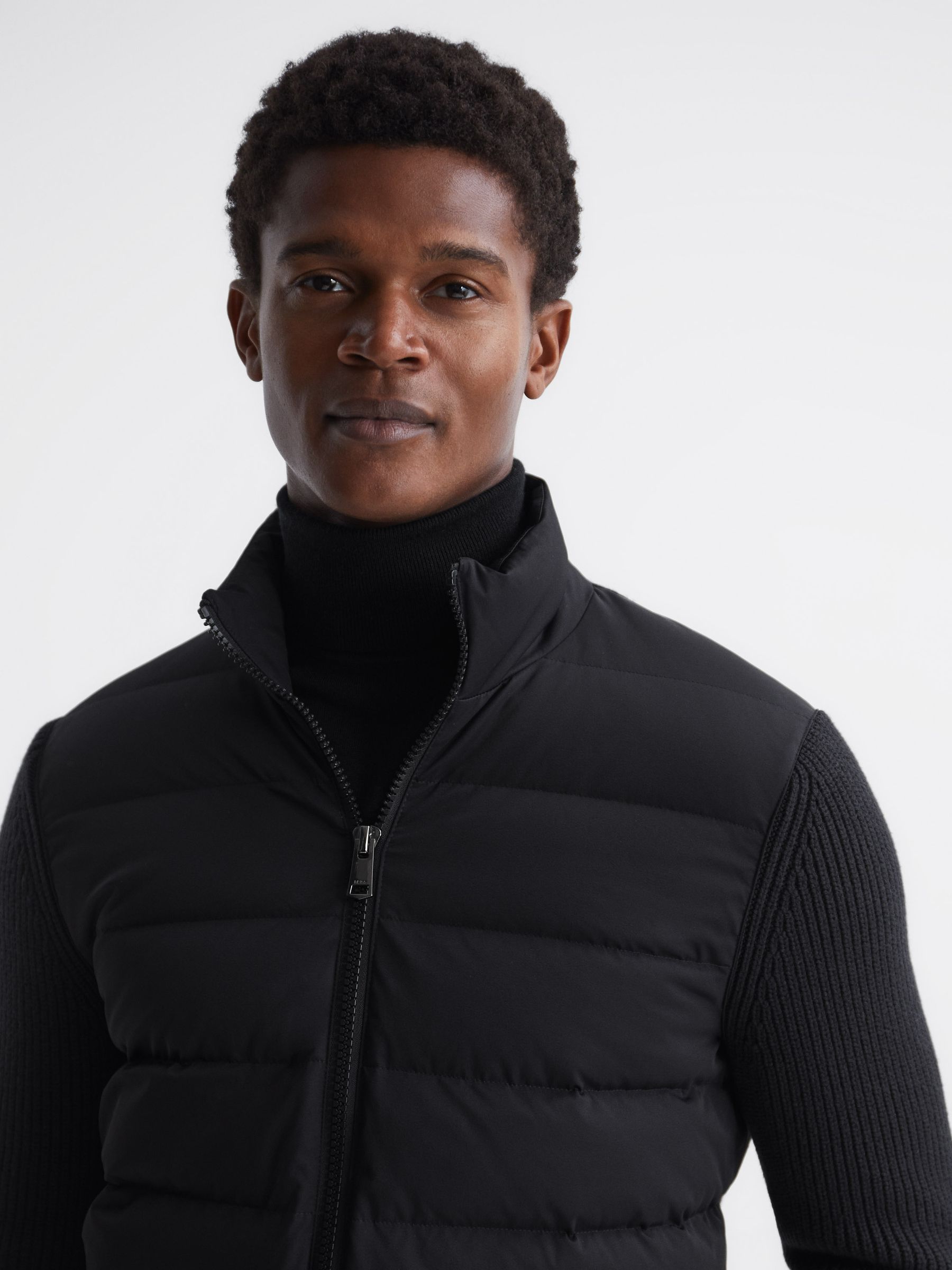 Quilted Knitted Hybrid Jacket in Black - Image 4 of 8