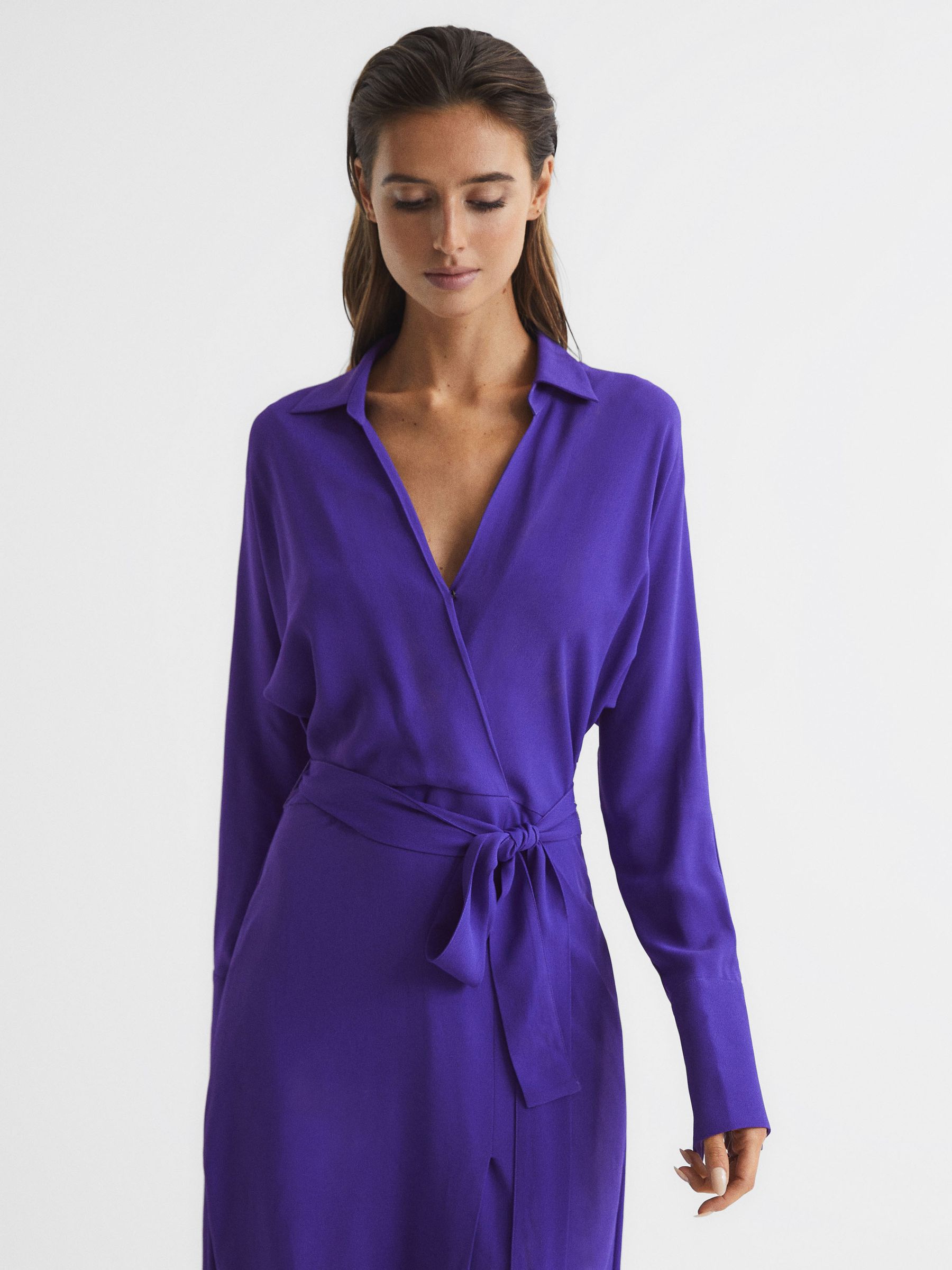 Petite Wrap Shirt Midi Dress in Purple - Image 1 of 8