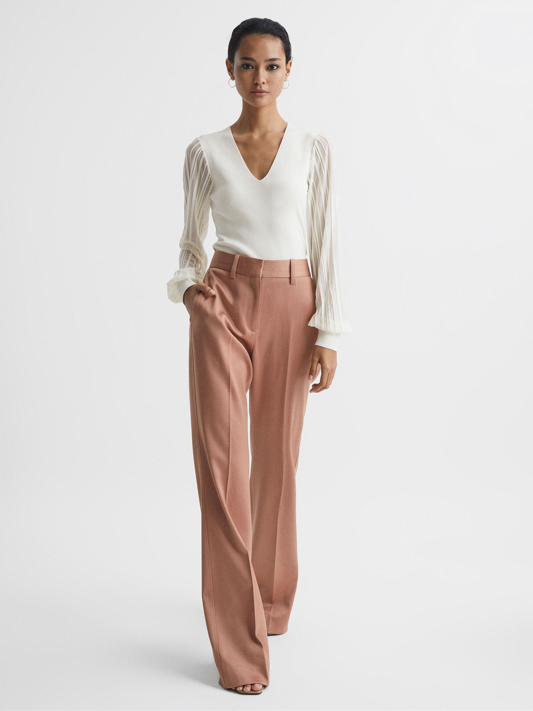 Reiss Sheer Sleeve Top in Ivory - REISS