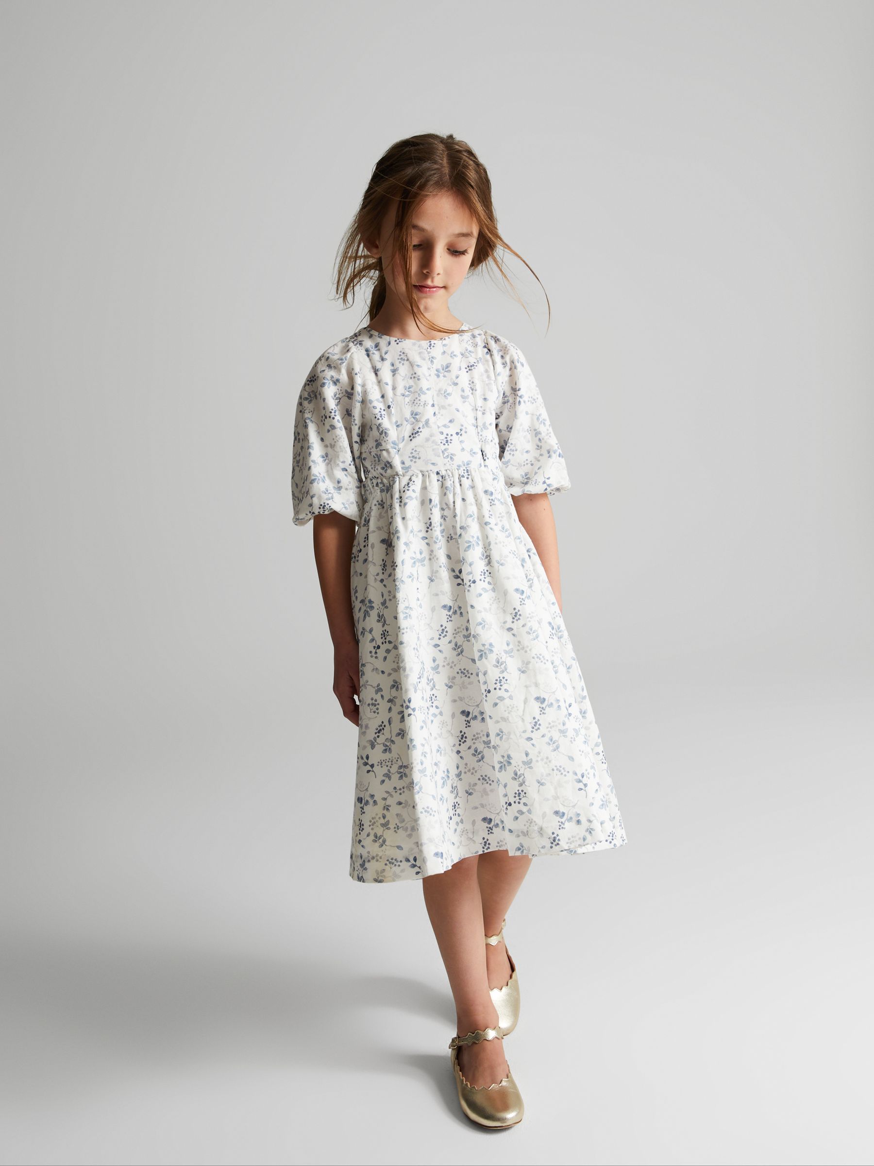 Puff Sleeve Cut Out Back Midi Dress in Blue Print - Image 1 of 6